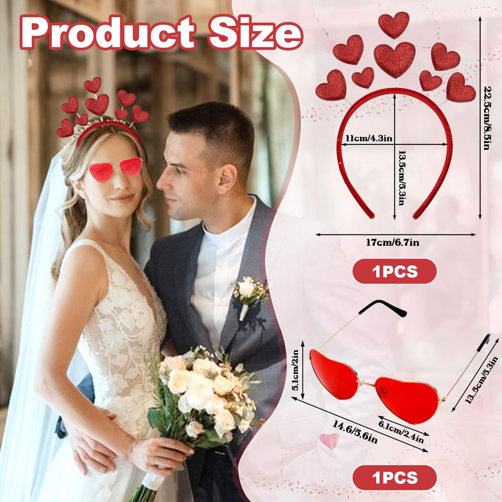 SUpoetry Set of 2 Heart-Shaped Headband and Heart-Shaped Glasses Red Heart Carnival Headband Glitter Heart H-Headband Women with Red Heart-Shaped Glasses for Valentine's Party - Image 4