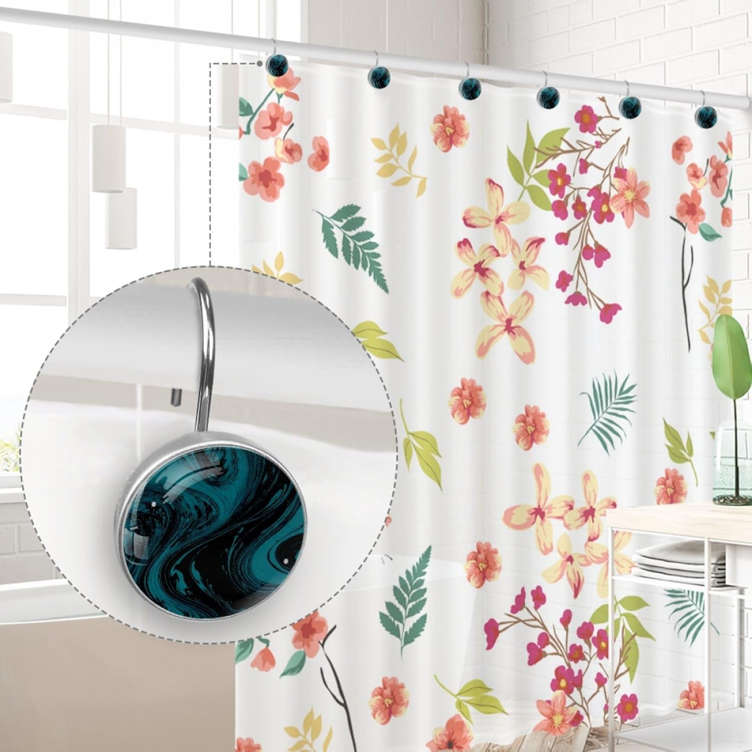 12 Packs Teal Marble Shower Curtain Hooks, Stainless Steel Glass Shower Curtain Rings for Bathroom Decor, Metal Rustproof Curtain Rod Hooks