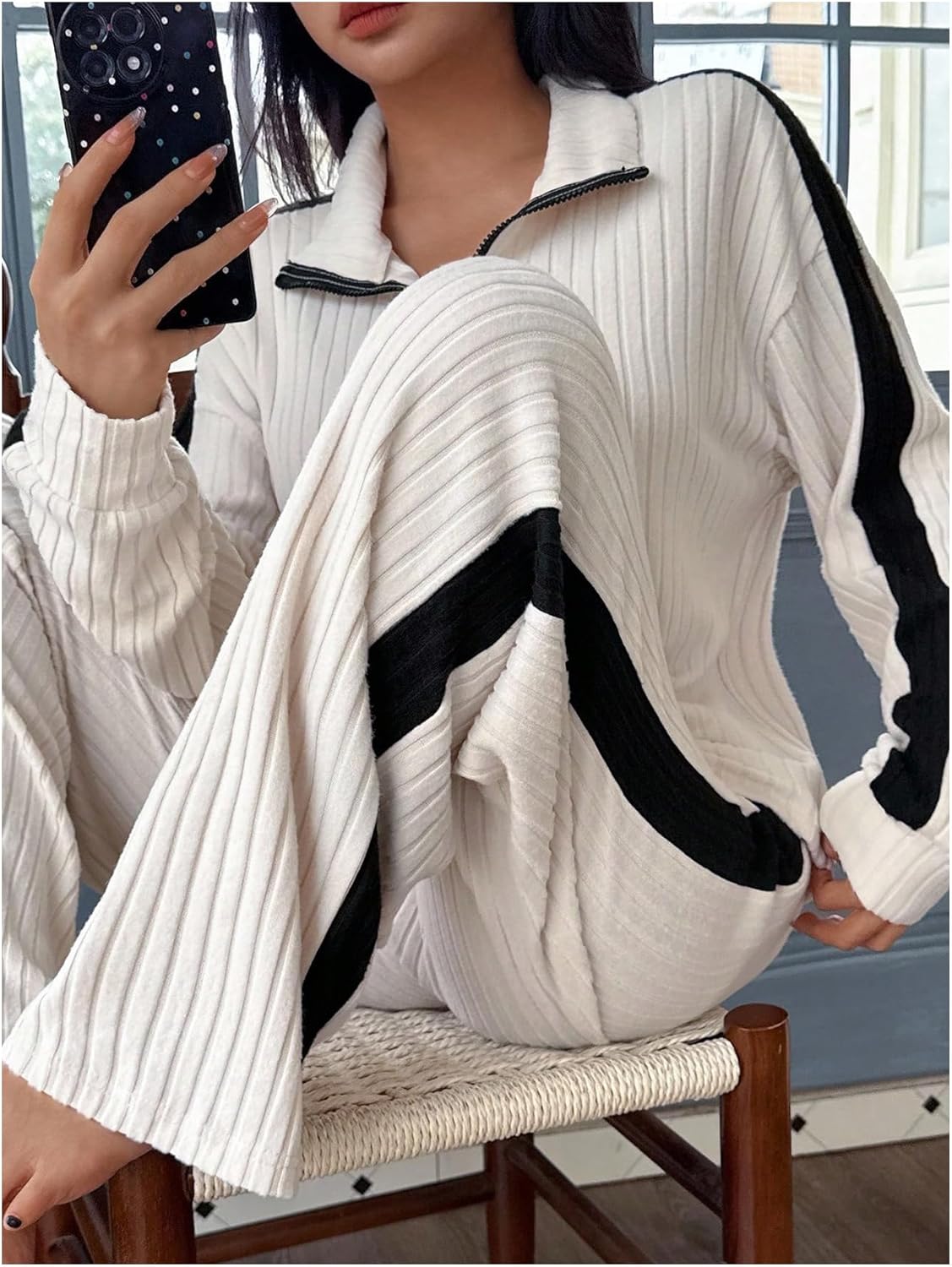 Verdusa Women's 2 Piece Ribbed Knit Pajama Set Quarter Zip Long Sleeve Top and Pants Loungewear - Image 4