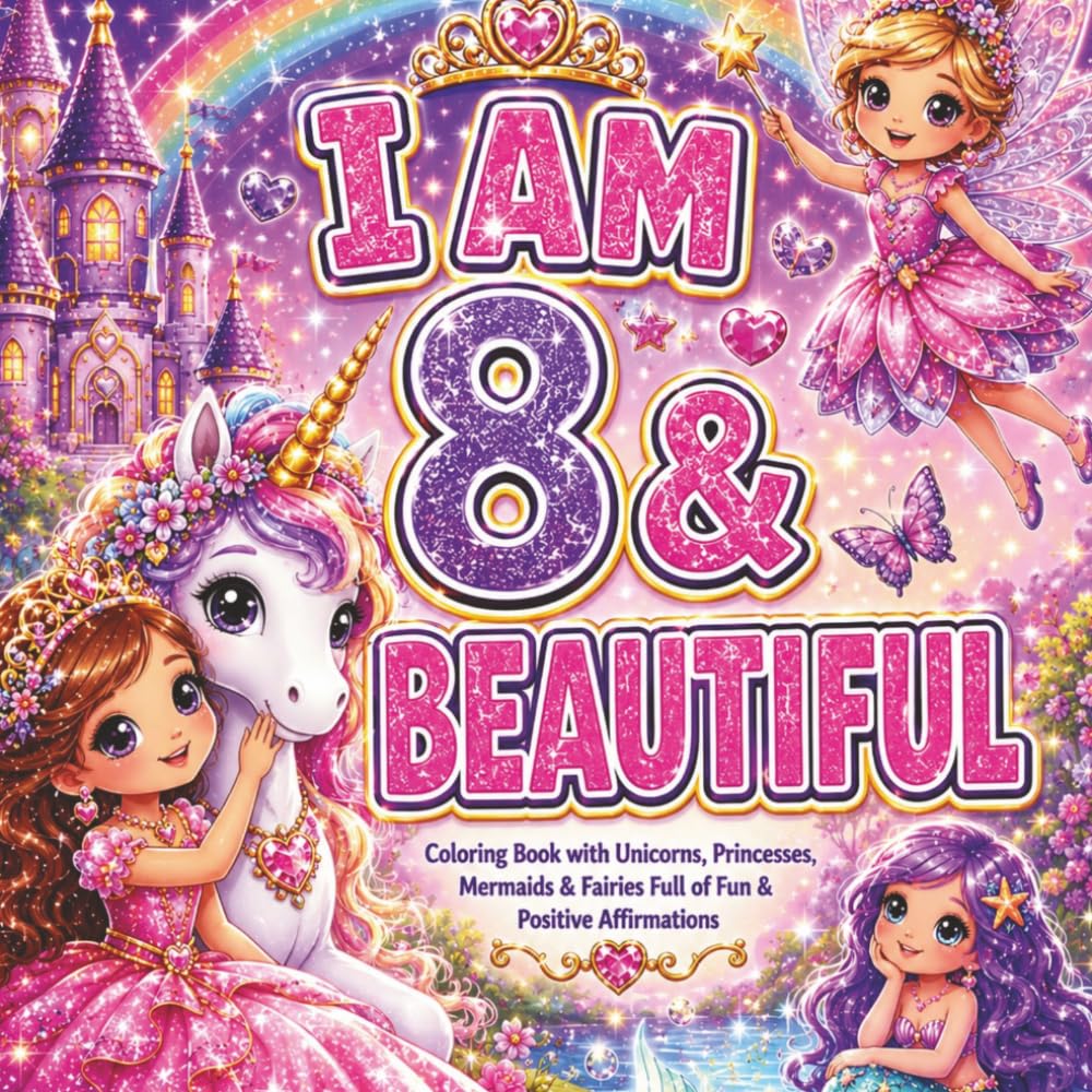 I Am 8 & Beautiful: A Coloring Book with Unicorns, Princesses, Mermaids & Fairies: Fun & Positive Affirmations Coloring Book (Happy Birthday Coloring Book Series)