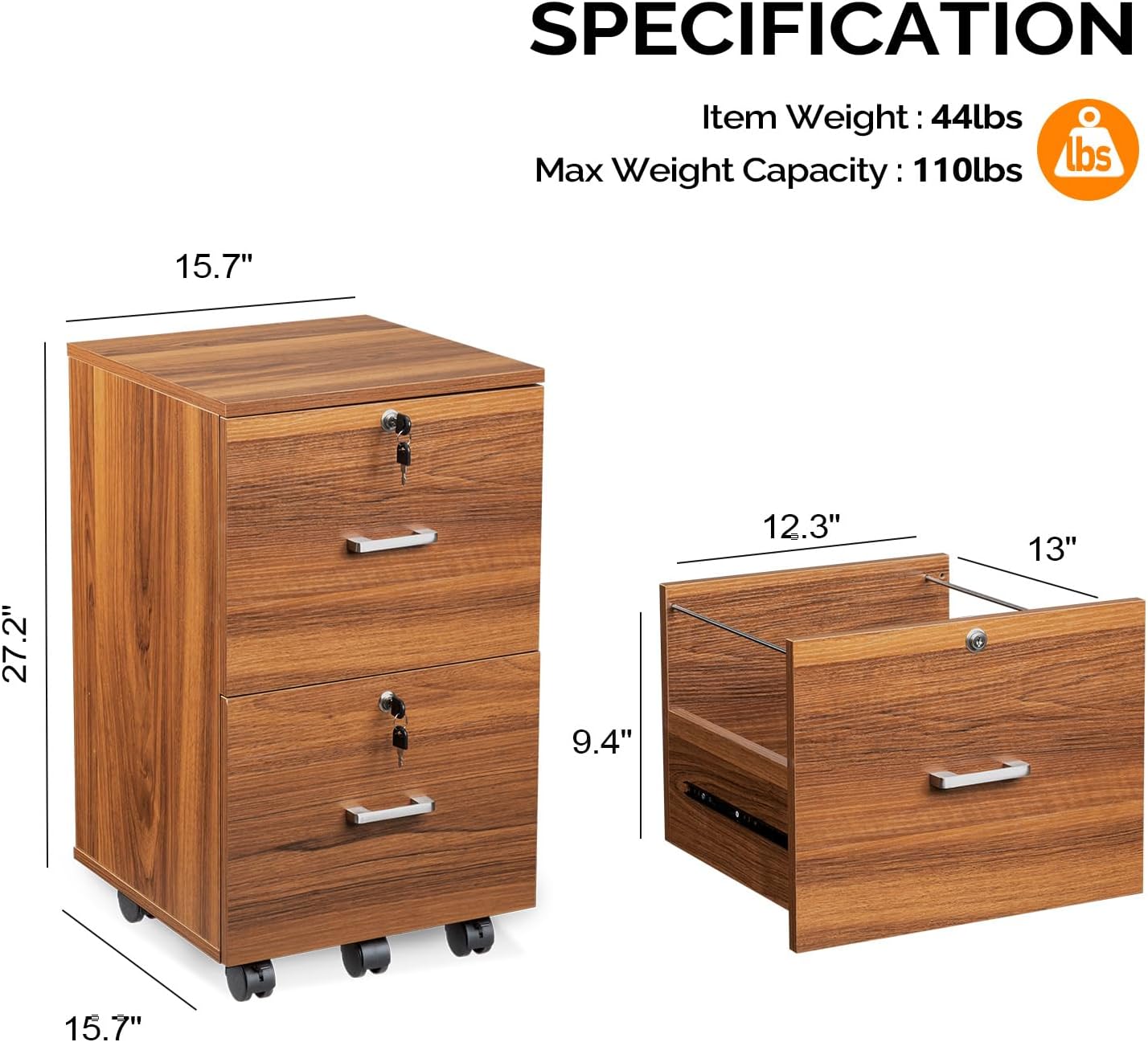 VINGLI 2-Drawer Rolling File Cabinet with Lock, Wood Mobile File Organization for Hanging Letter Size Filings Under Desk Filing Cabinets for Home Office, Assembly Required, Classic Walnut, 26.5" H