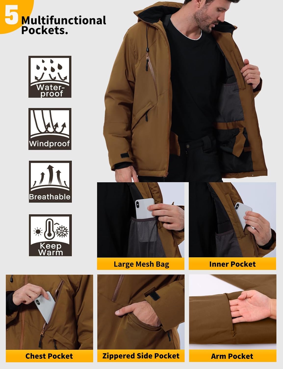 GEMYSE Men's Ski Jacket Winter Snow Coats Waterproof Snowboard Jacket Hooded insulated Windproof Parka With Multi-Pockets