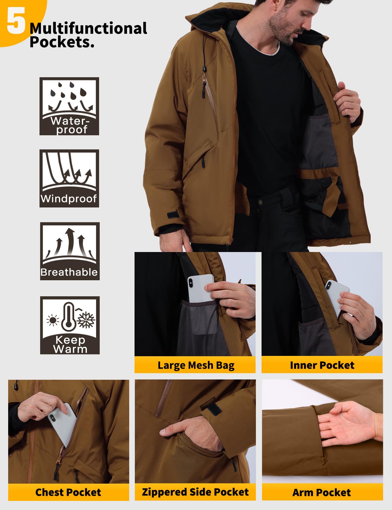 GEMYSE Veste de Ski pour Homme Manteau d’Hiver Imperméable et Coupe-Vent avec Capuche et Multi-Poches Chaud pour Neige et Montagne