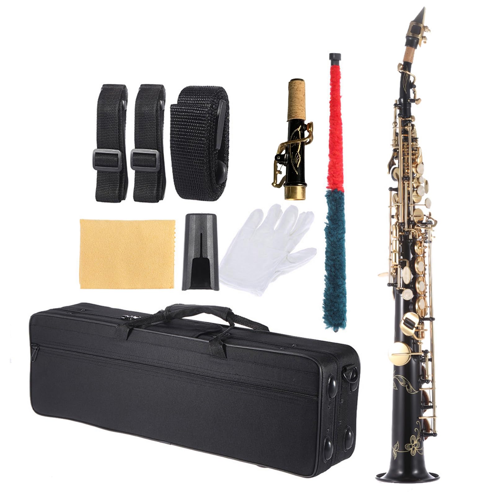 HUIOP Ottone Dritto Sax Soprano Sassofono Sib B Strumento a fiato Piatto Conchiglia Naturale Modello Intagliato con Custodia Guanti Panno per la Pulizia Cinghie Asta per la Pulizia
