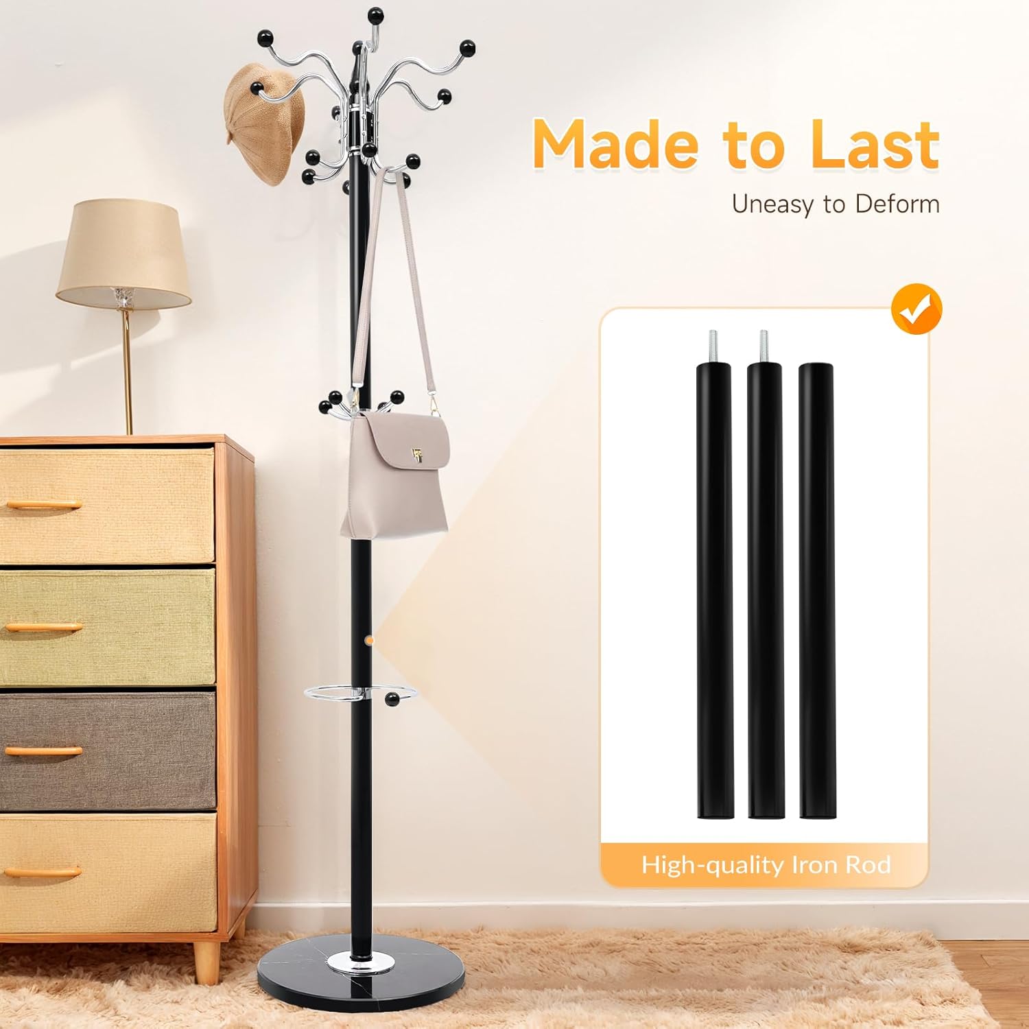 Coat Rack Freestanding, Modern Coat Rack with Natural Marble Base, Metal Freestanding Coat Rack with 16 Hooks, Entry-way Coat Racks Stand, Standing Coat Tree Rack (Black)
