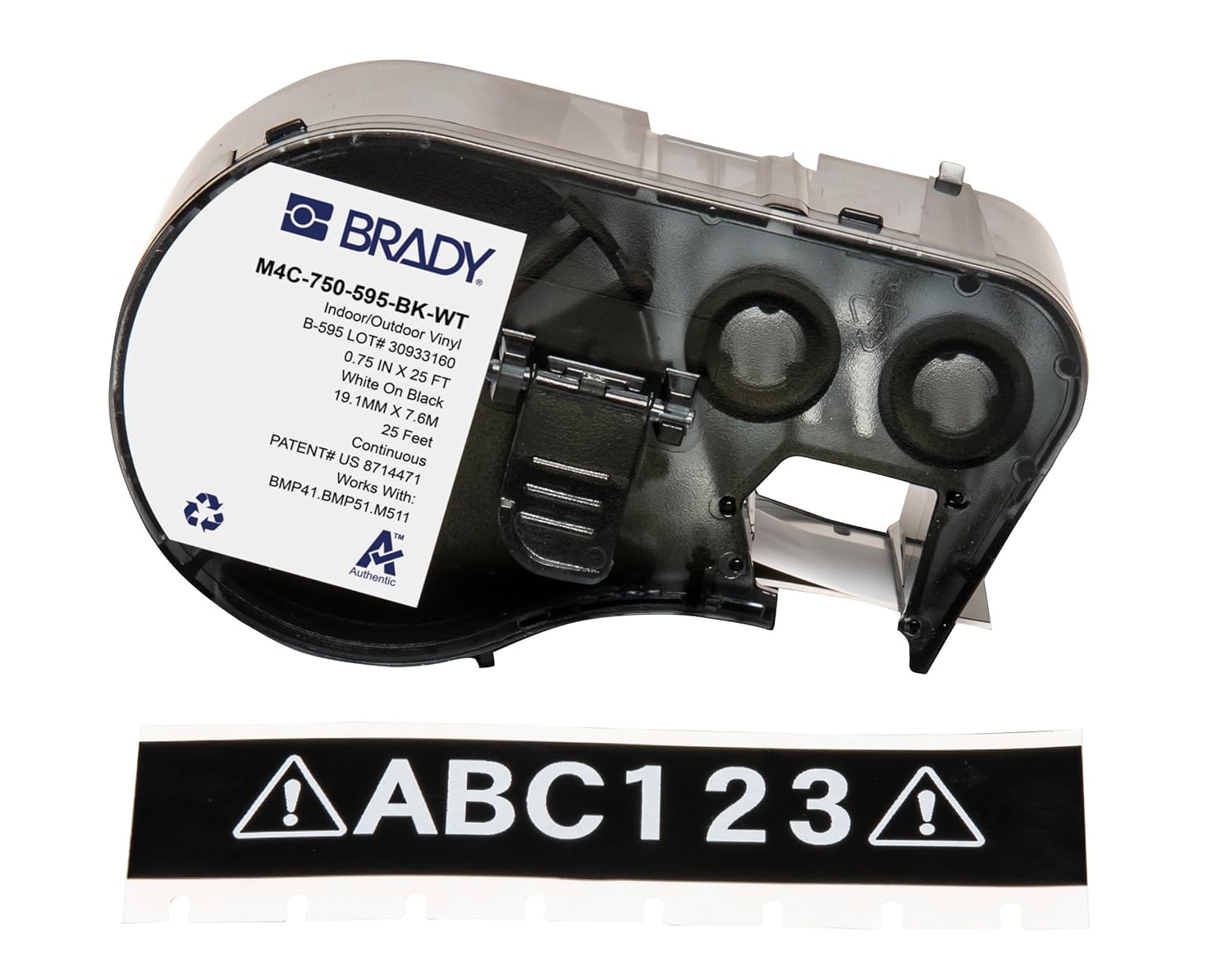 Brady Authentic (M4C-750-595-BK-WT) All-Weather Vinyl Labels 0.75 in W x 25ft White on Black. for use with BMP41, BMP51, M410, M510, and M511 Label Printers.