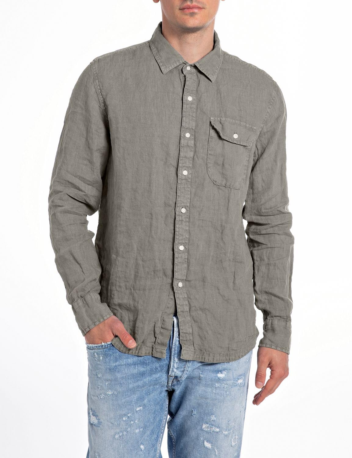 Replay Men's Long-Sleeved Linen Shirt, Grey Military 705 (Grey), XS