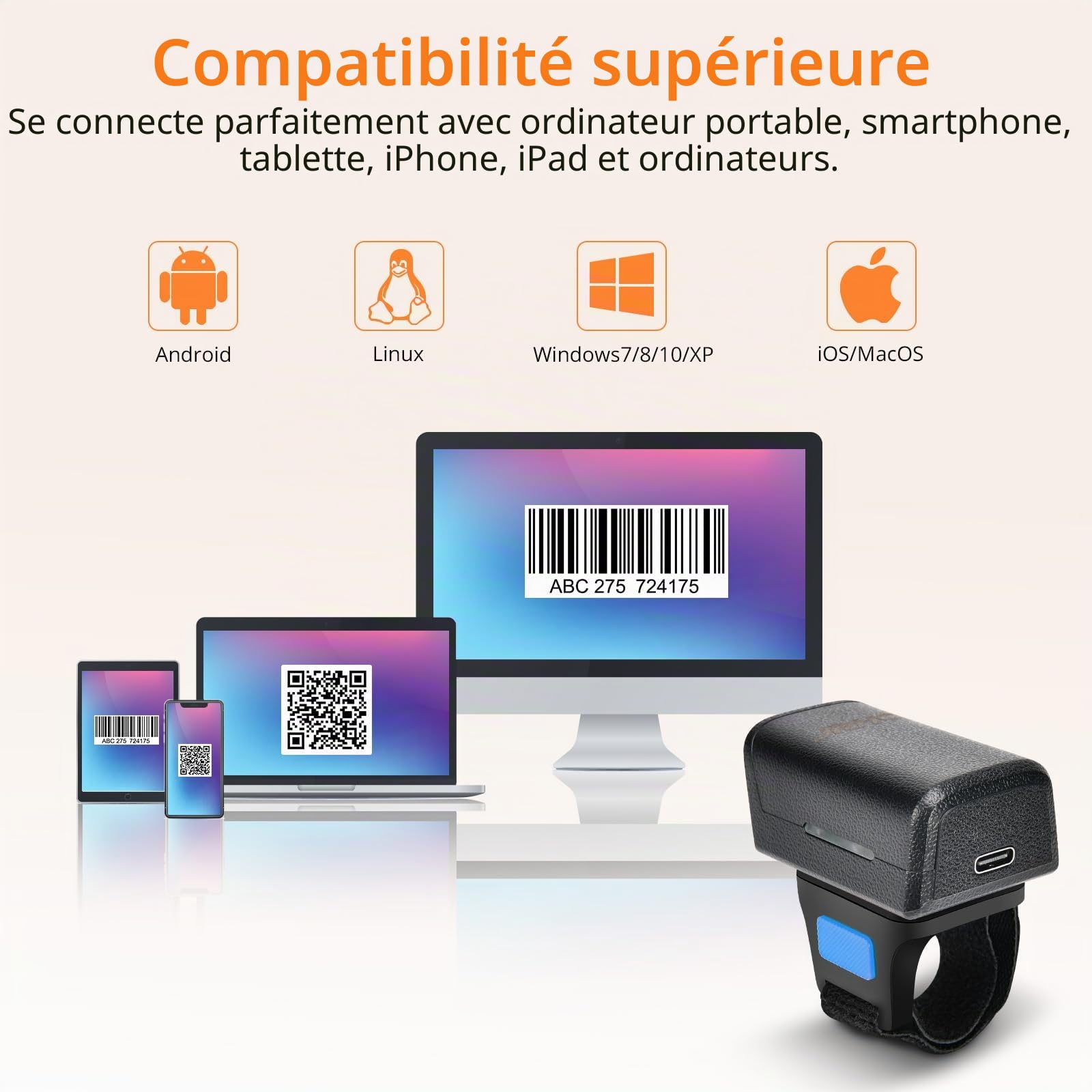 Scanner de Codes-Barres Portable Bluetooth 1D 2D - Mini Lecteur de Codes-Barres Portable avec Connexion sans Fil 2,4 GHz et câble USB