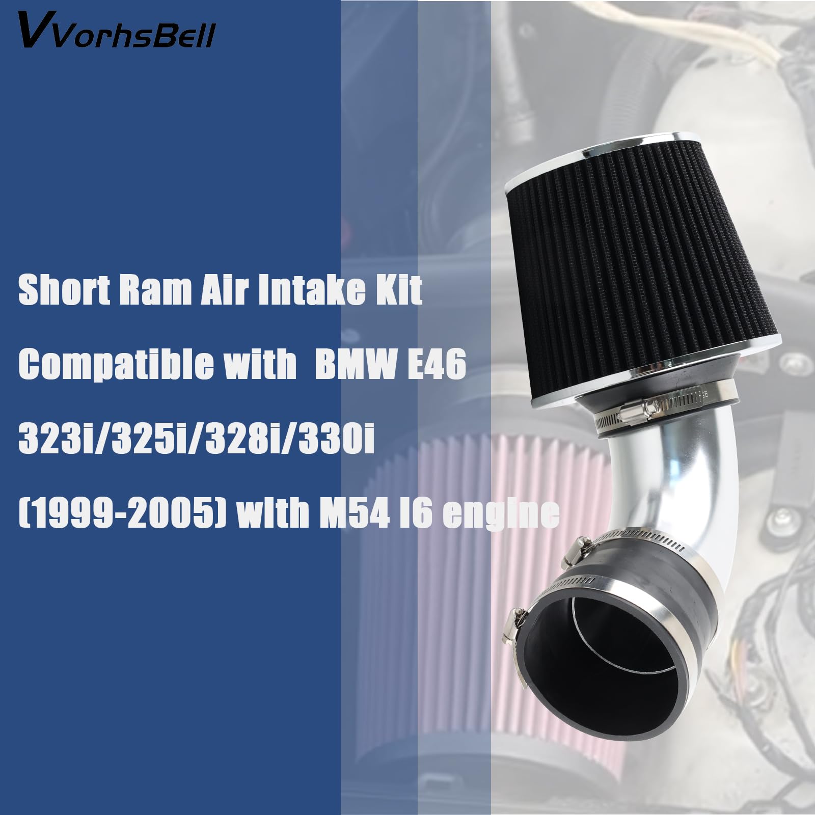 Kit de admisión de aire corto Ram compatible con BMW E46 323i 325i 328i 330i M54 I6 1999-2005 Motor Filtro de aire lavable, aumento de potencia