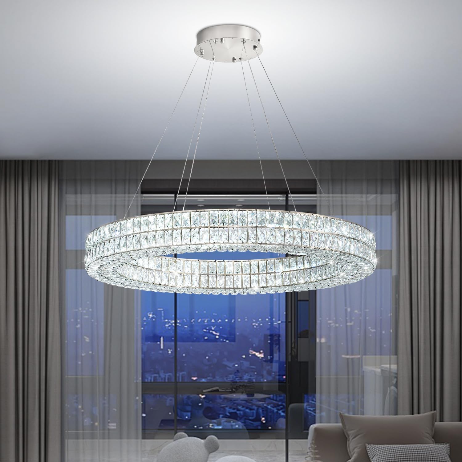 Led Ring Chandelier, Modern Dimmable Crystal Chandeliers Lighting for Living Room 24" Silver Hanging Light with Remote Control