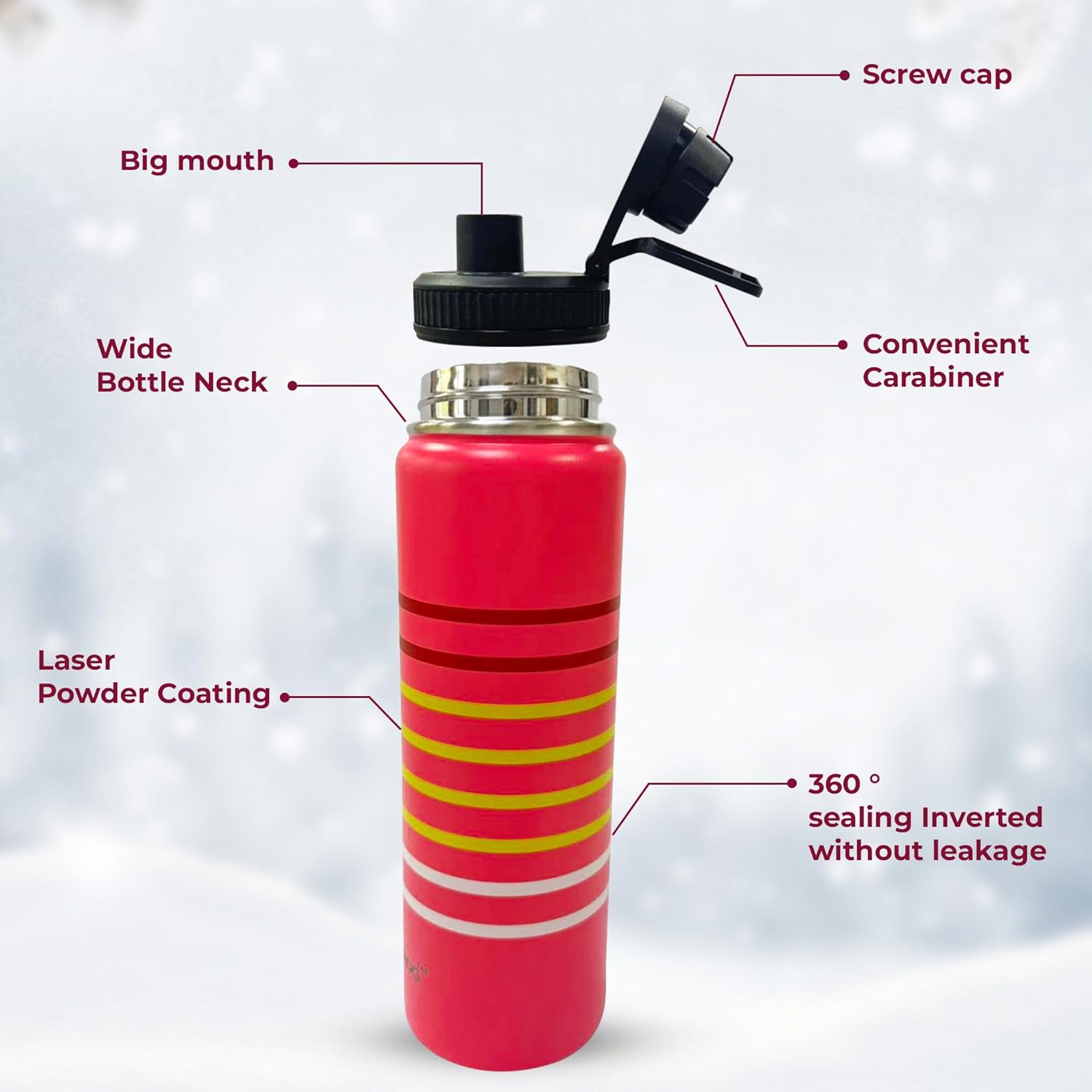 Stainless Steel Water Bottle-24oz Double Insulated, Keeps Cold 24Hrs, Hot 12Hrs, Leak-Proof, BPA-Free, Reusable, Easy-Twist Spout Lid & Handle- Travel, Gym, Office, Outdoor use (Vibrant Pink)