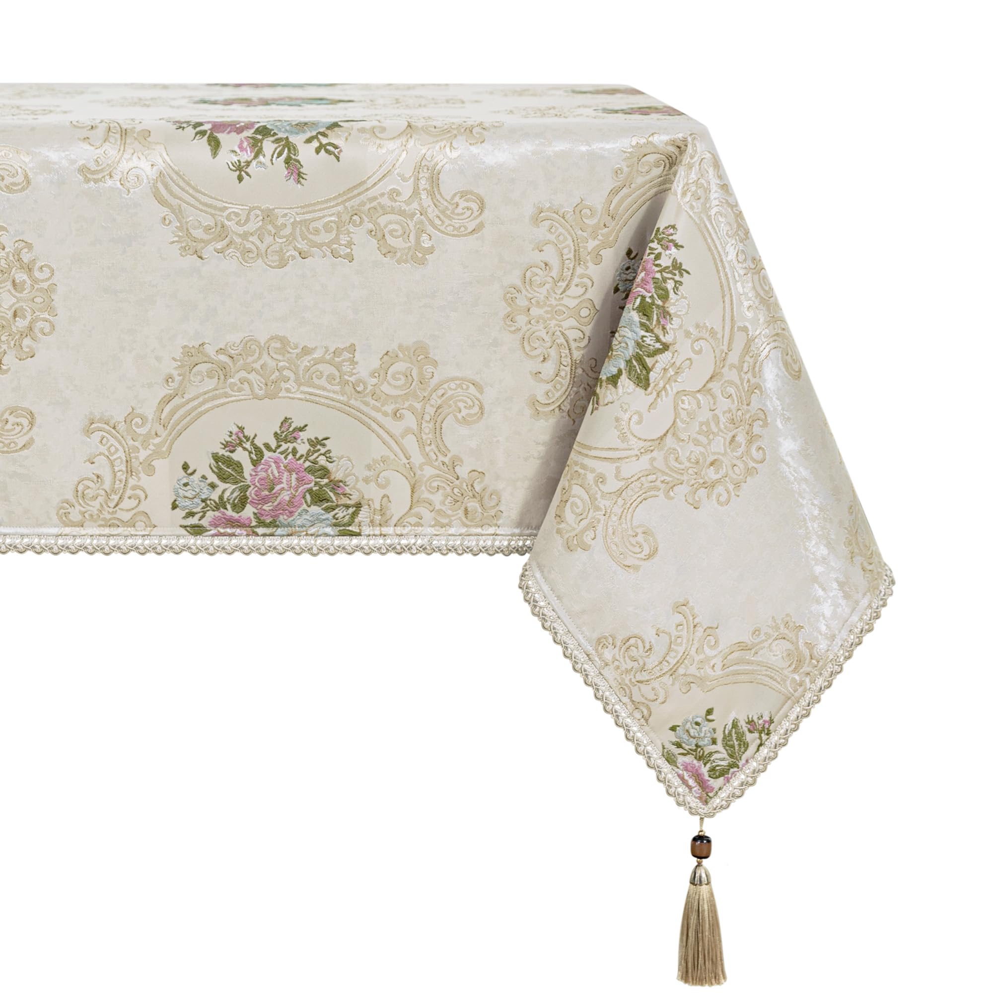 Tovaglia Damascata con Nappe, Tovaglia Rettangolare Decorativa, Copritavolo per Tavolo da Pranzo Cucina Soggiorno Festa (140x200cm, Floreale)