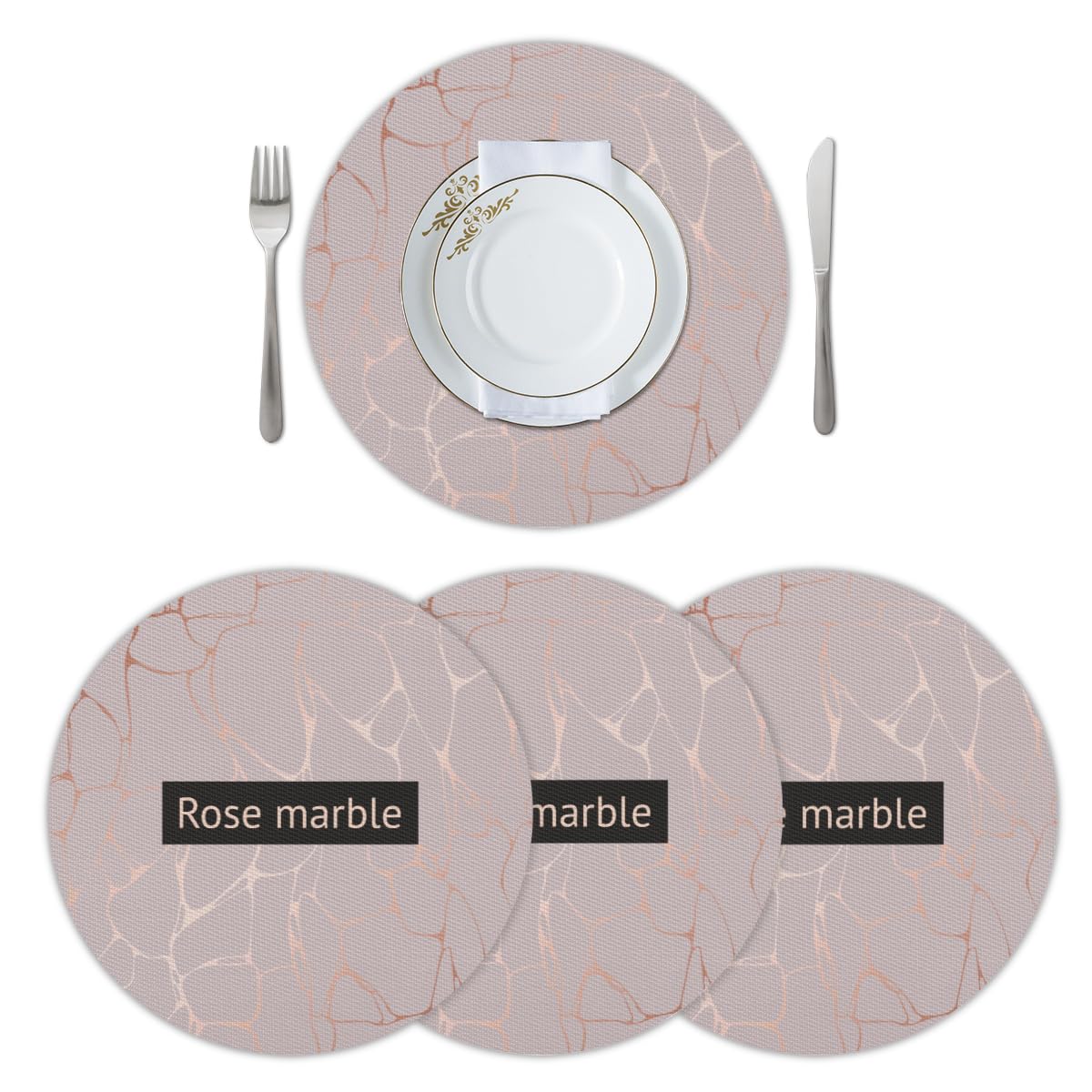 Lot de 6 sets de table ronds en marbre rose - Résistants à la chaleur - Faciles à nettoyer - Antidérapants - En PVC - Pour cuisine, salle à manger
