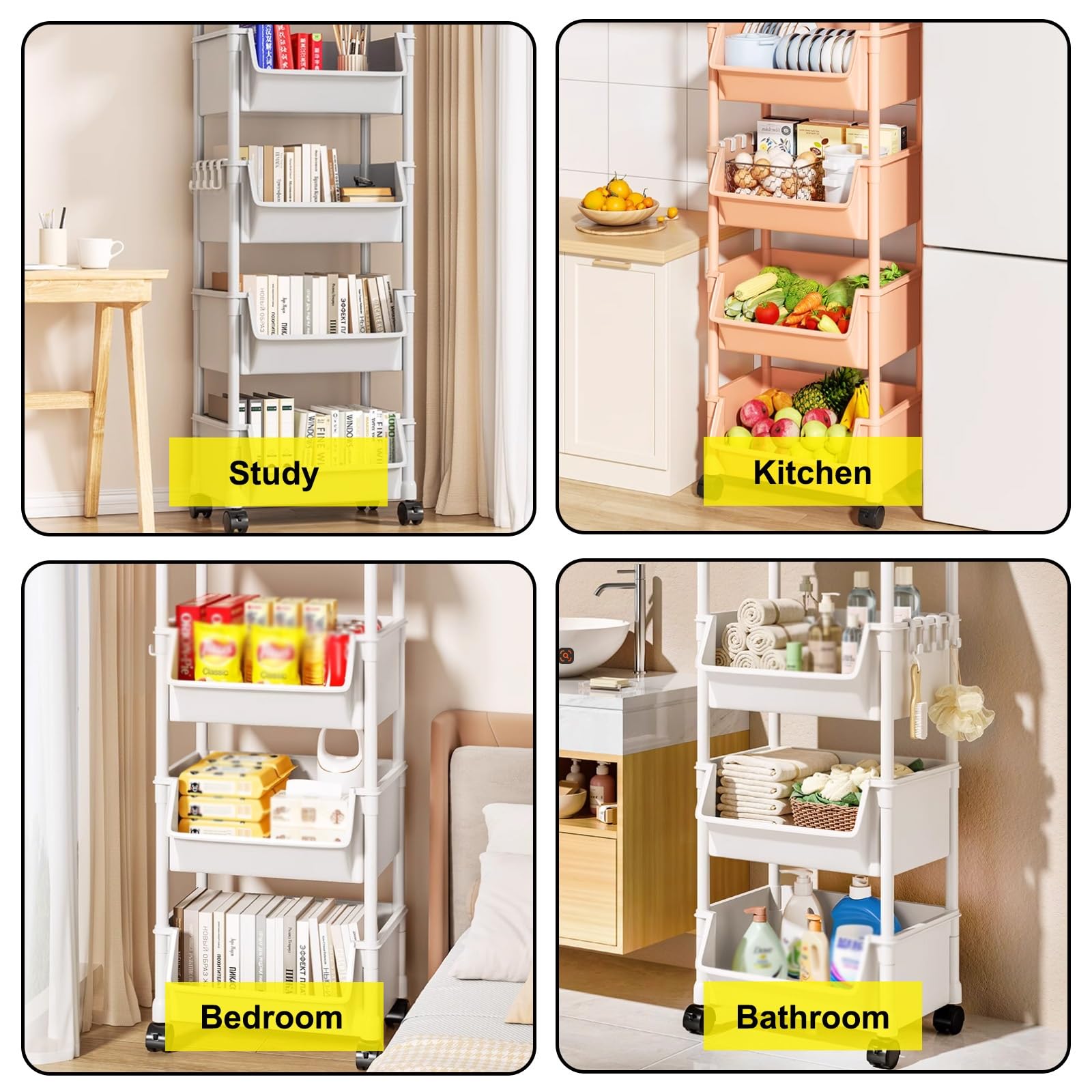 3/4/5 Niveles Carro Almacenaje con Ruedas, Carrito Almacenaje, Carrito Auxiliar Baño, Material Plástico, Estante Extraíble con Ruedas, for Dormitorio, Cocina, Cuarto de Lavado