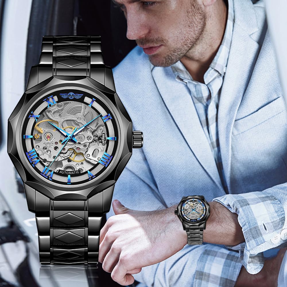 Tiong Relojes automáticos de moda, reloj de pulsera mecánico dorado para hombre, relojes de esqueleto con esfera transparente de acero inoxidable, TW1239-negro, Mecánico