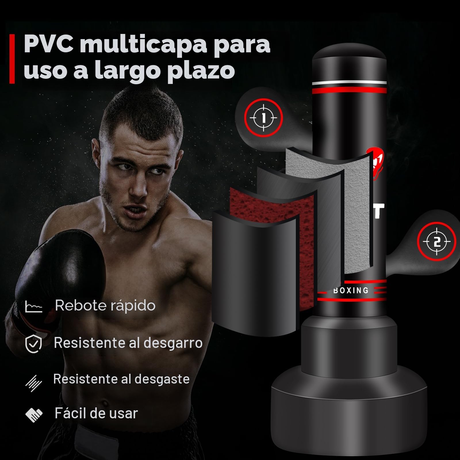 Saco de Boxeo de Pie 180cm con Guantes, Bomba, Cuerda y Pelota de Reflejos para Entrenamiento MMA Fitness