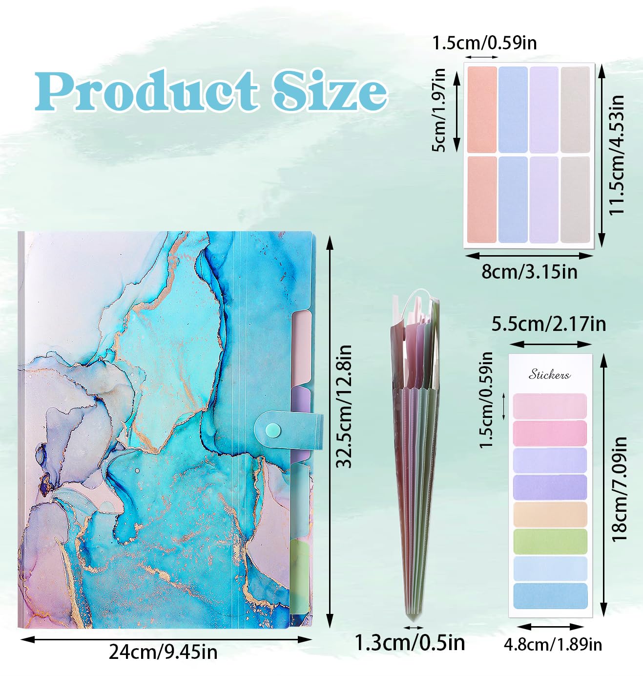 Candcamp 2 Pack Expanding File Folders A4 Plastic Document Organizer with Snap Button and 6 Sheets Sticky Labels Folder Organiser for School Home Office(Green & Light Blue Marble Pattern) - Image 2