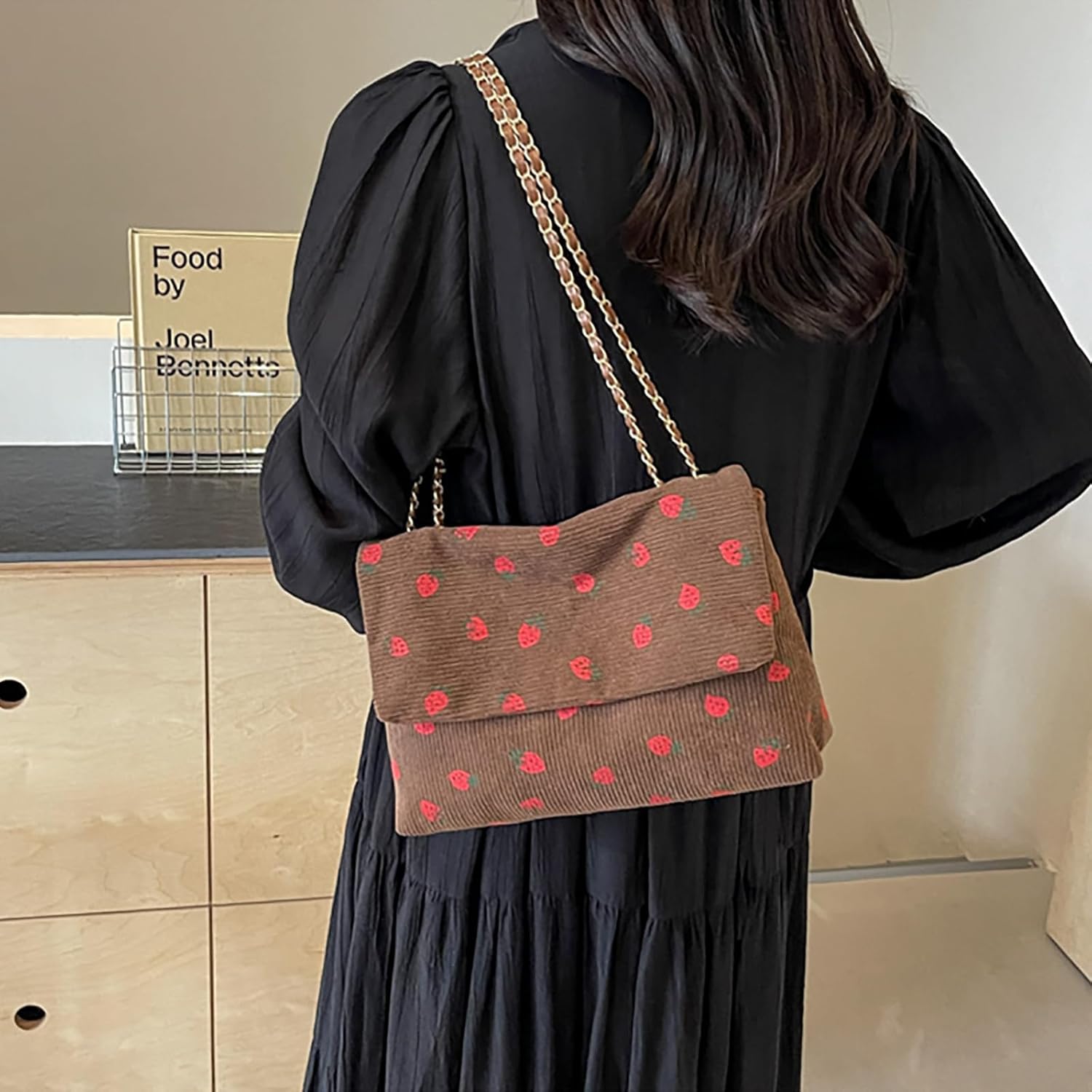 Strawberry Purse Corduroy Tote Bag for Women Cute Aesthetic Crossbody Bag Fashion Chain Shoulder Handbag Canvas Wallet - Image 8