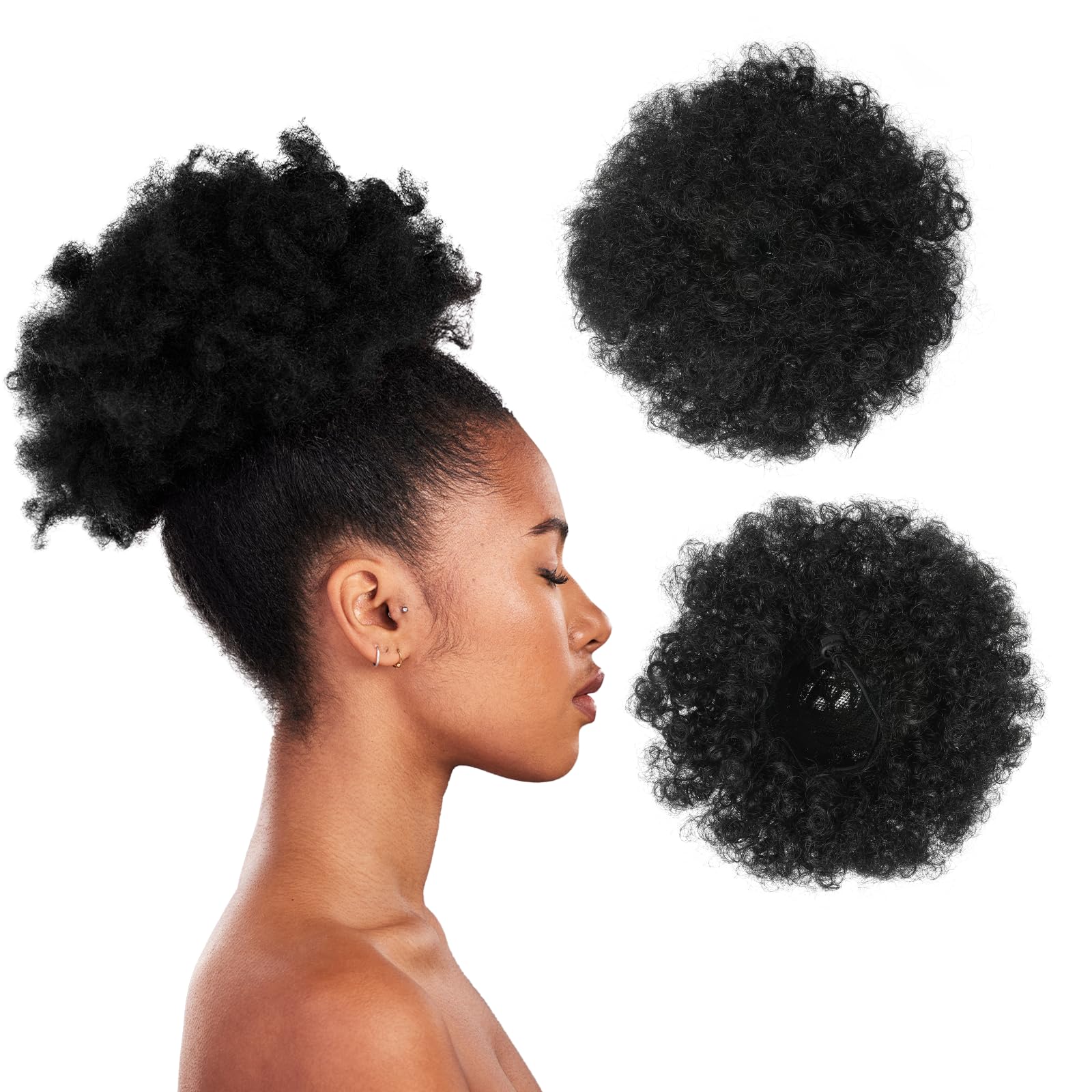 Afro Puff Drawstring Ponytail for Black Women, Afro Puff Clip Short Synthetic Kinky Curly Bun Hair Extensions Afro Bun Ponytail Hair Puffs Fluffy High Updo Hairpieces (1B, Natural Black)