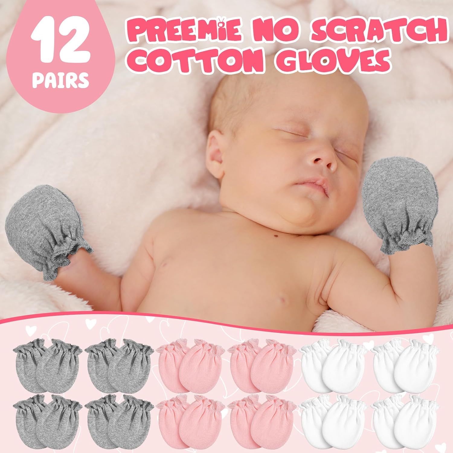 Vabean 12 Pairs Preemie Baby Mittens No Scratch Cotton Premature Baby Gloves for Nicu Preemie Girls Boys Gifts