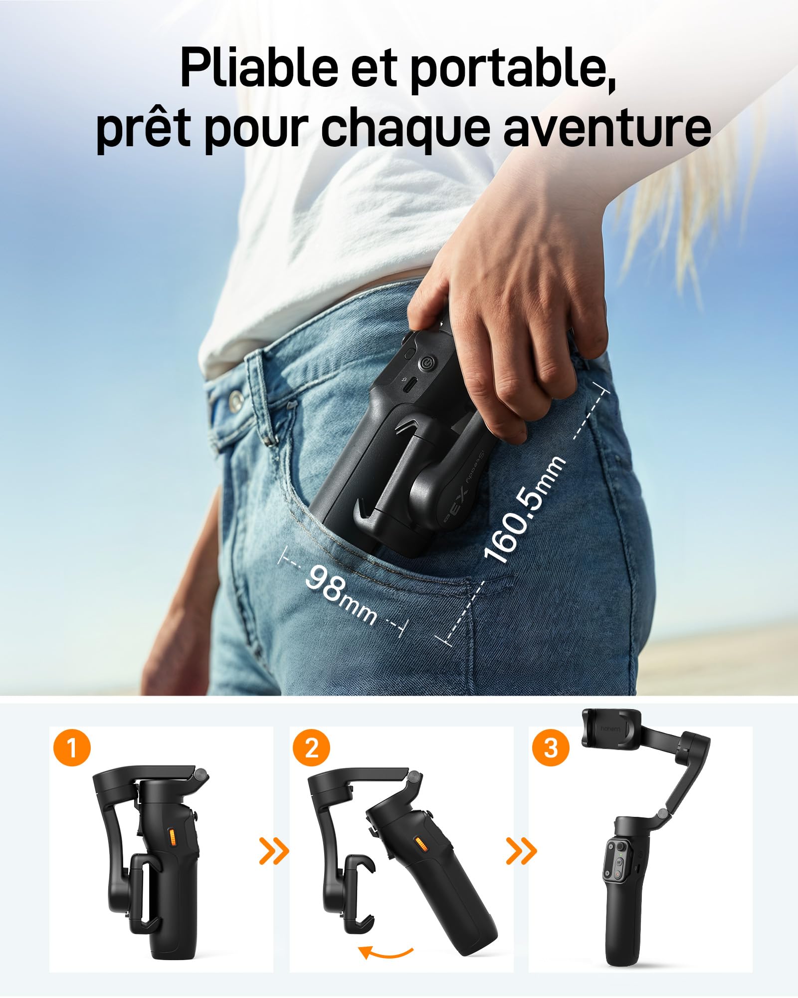 hohem Stabilisateur Smartphone iSteady X3 SE, 3 Axes Stabilisateur de Cardan, Design léger et Pliable avec télécommande détachable, Batterie de 11H, Parfait pour Le Vlogging et Les Selfies