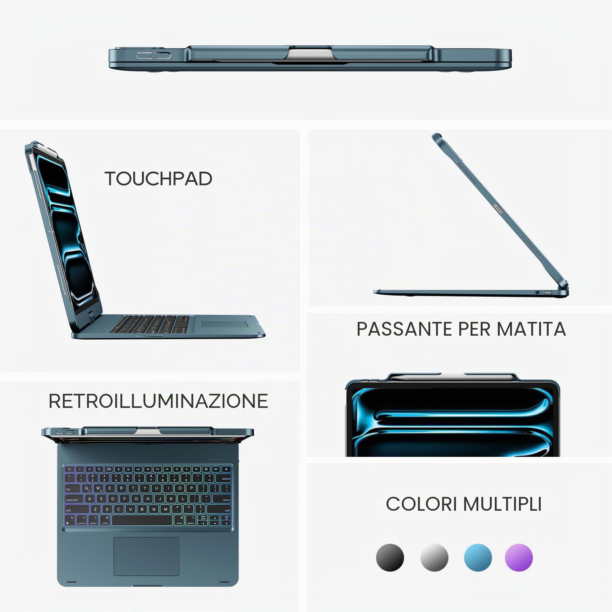edaiser Custodia girevole con tastiera per Apple 2025 iPad Air 13" (M3-M2), iPad Pro 13" M4 2024, iPad Pro 12,9" (6a-3a generazione); custodia girevole con portapenne, trackpad, retroilluminato, blu