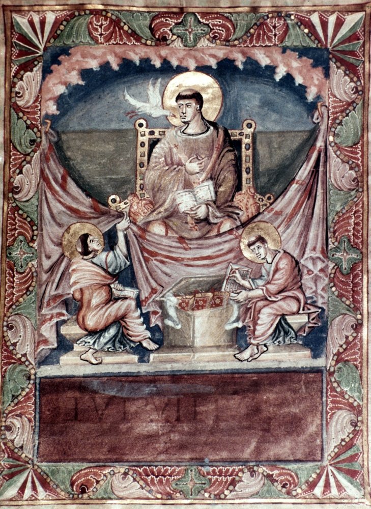 Pope Gregory I (C540-604) Nknown As Gregory The Great Pope 590-604 Gregory Inspired By The Holy Spirit While Dictating To Two Scribes Carolingian Miniature C870 From The Sacramentary Of Metz Poster Pr