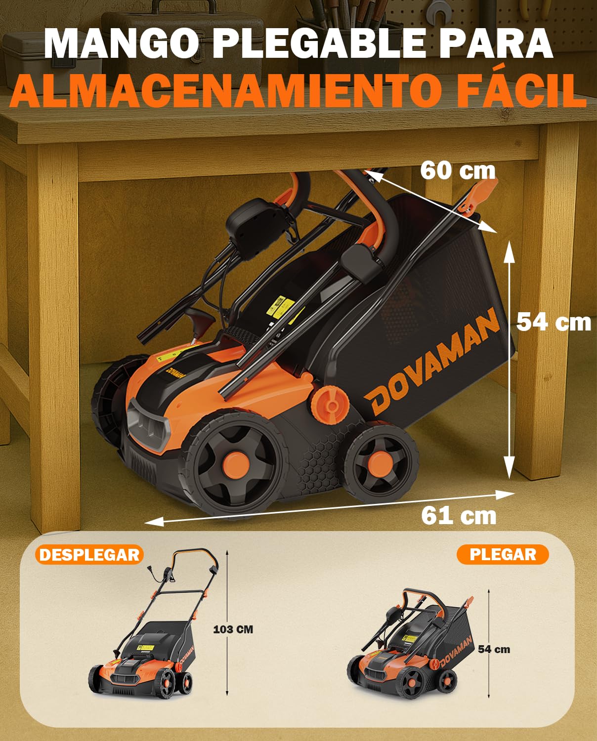 DOVAMAN DS16A 2 en 1 Escarificador y Aireador Eléctrico, 1500W, 40cm Ancho de Trabajo, 5 Ajustes de Profundidad, Diseño Plegable, Bolsa 45L, Altura Ajustable, Ligero, Ideal para Escarificar y Airear