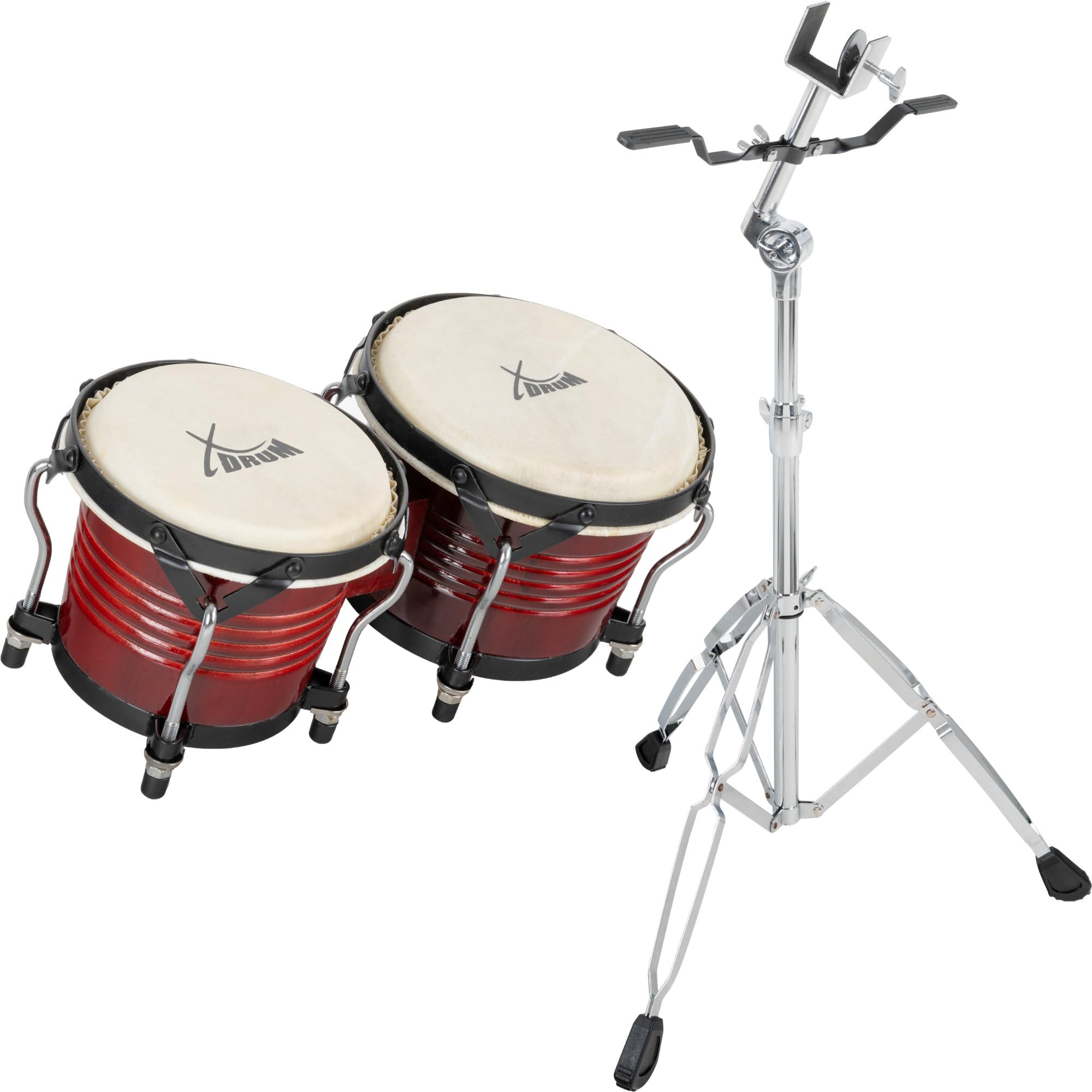 XDrum Bongos Pro Rosso Vino - 2 Tamburi con diametro 6,5" (17 cm) e 7,5" (20 cm) - Bonghi con pelli naturali accordabili, chiave di accordatura e supporto - Tamburi in legno rossi