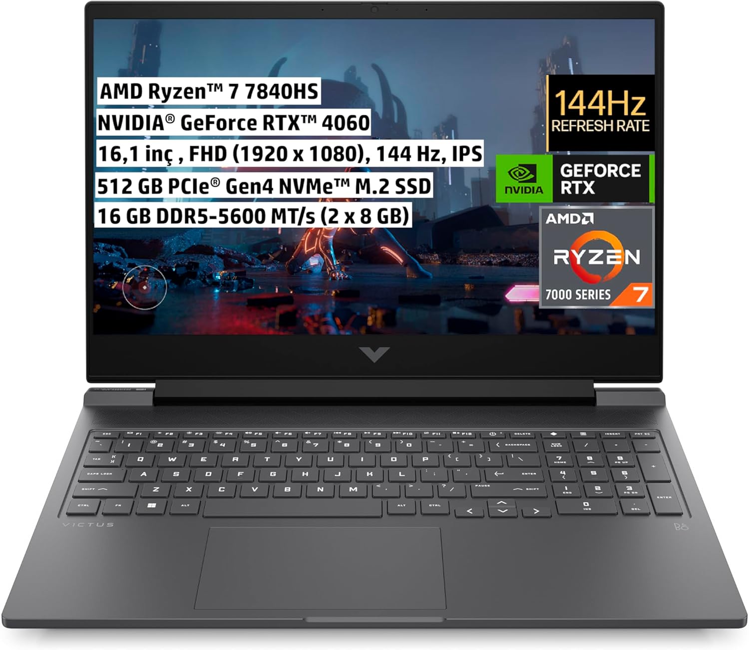 HP Victus Gaming Dizüstü Bilgisayar, 16,1 inç 144 Hz FHD IPS, AMD Ryzen 7-7840HS, 16 GB DDR5 RAM, 512 GB SSD, NVIDIA GeFor...