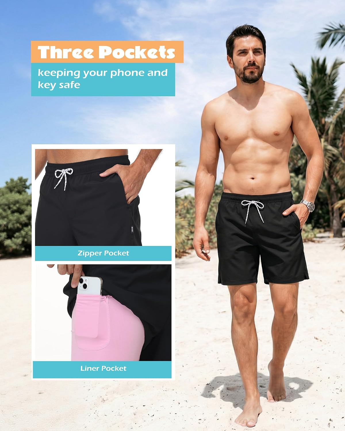 Sixfish Mens Swim Trunks with Compression Liner – 7 Inch 2 in 1 Quick Dry Soft Board Shorts with Zipper Pockets for Beach thumbnail