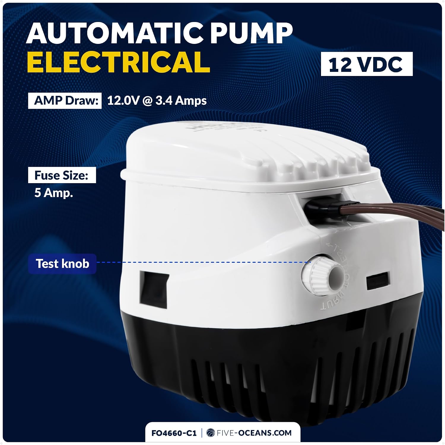 Five Oceans Automatic Bilge Plumbing Pump Kit, Includes 750 GPH / 2839 LPH Bilge Pump, 12-Volts, 1-1/8 Inch x 7-Foot Hose, Thru-hull Fitting and Stainless Steel Clamps - FO4660-C1