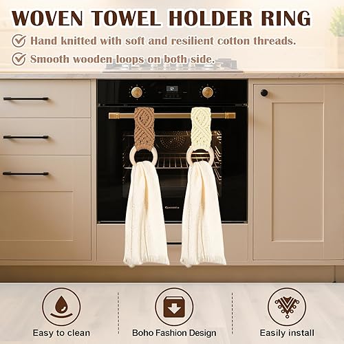 Miniatura 3 de HEAVYWOOD 4 toallas de cocina con anillo de madera, hecho a mano, colgador de toalla de punto para baño, gabinete, casa, horno (beige, gris claro,