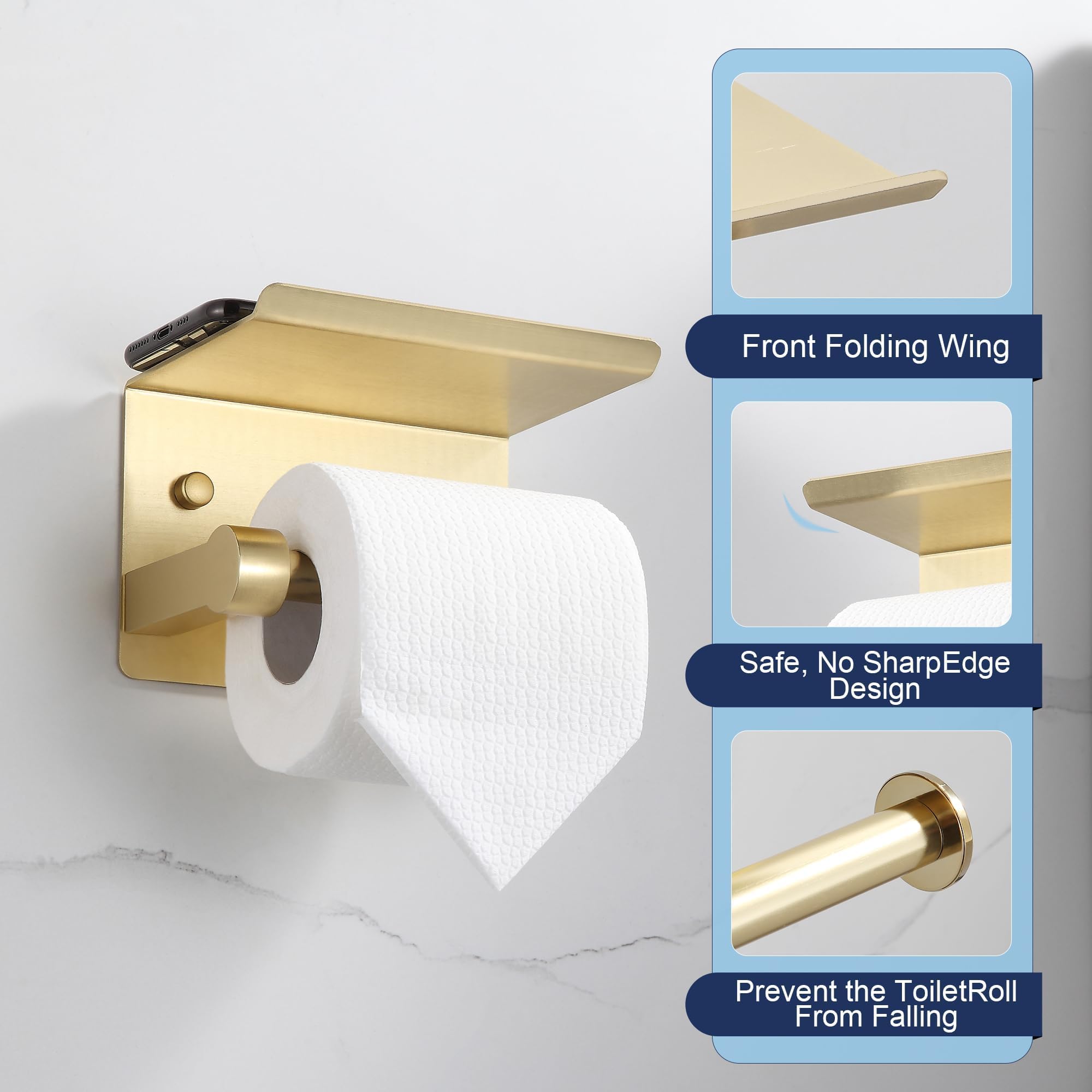 BGL Toilet Paper Holder with Shelf, Jumbo Roll Toilet Paper Holder for Large Rolls,Brushed Gold Adhesive Toilet Roll Holder for Bathroom，Renter Friendly Toilet Paper Holder — Amazon image 4