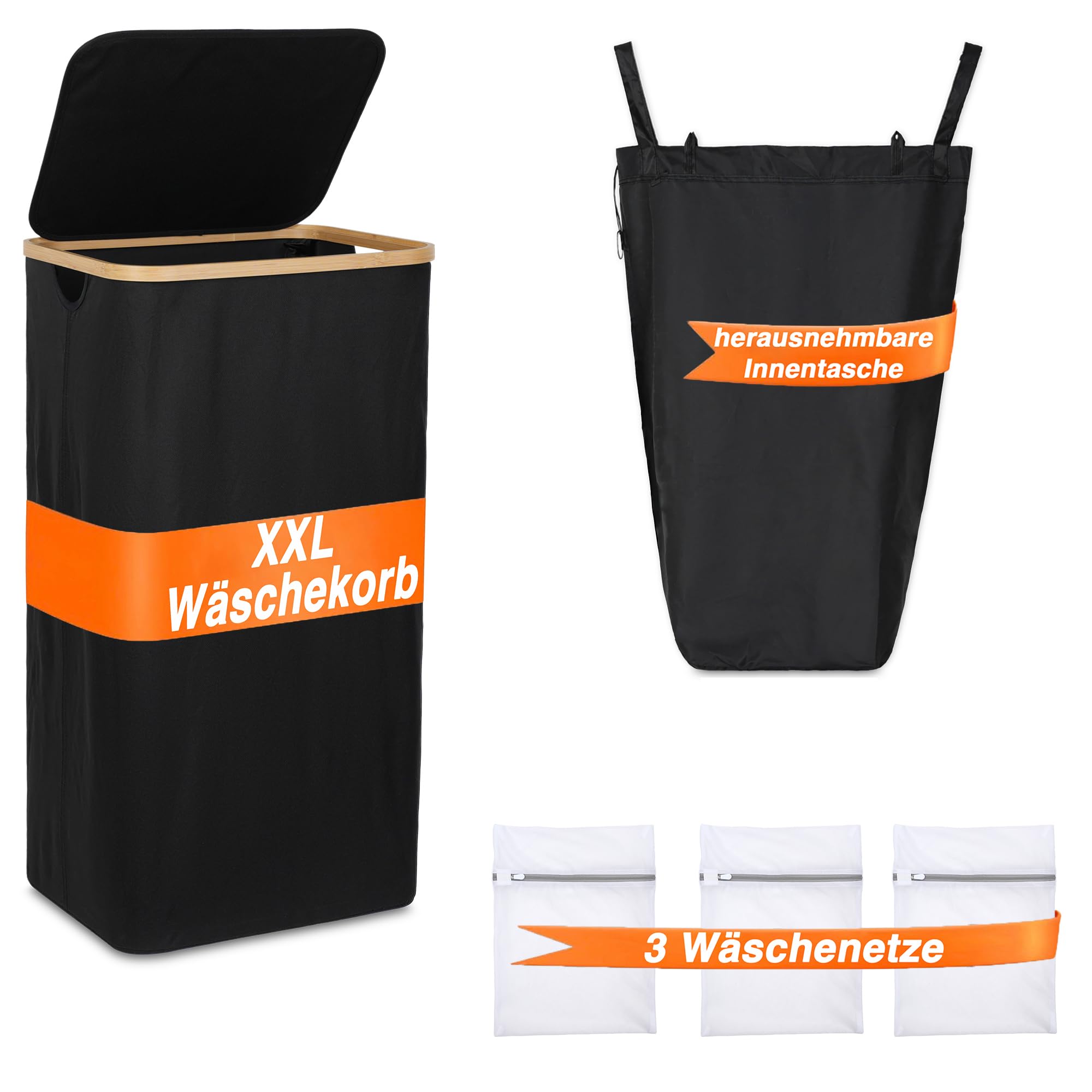 XXL Wäschekorb mit Deckel - Modernes Design Wäschesammler & Wäschesortierer - Faltbare Laundry Box mit Innensack & Wäschenetzen - Perfekt als Wäschetruhe für Schlafzimmer, Wohnung & Waschküche