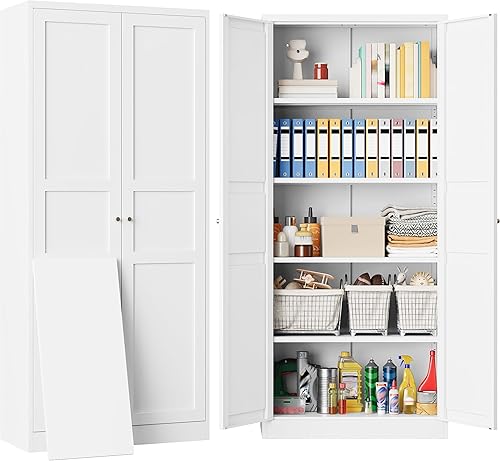SISESOL Armario de almacenamiento de metal blanco, armario de despensa de 71 pulgadas de alto, armarios de almacenamiento de despensa de cocina con