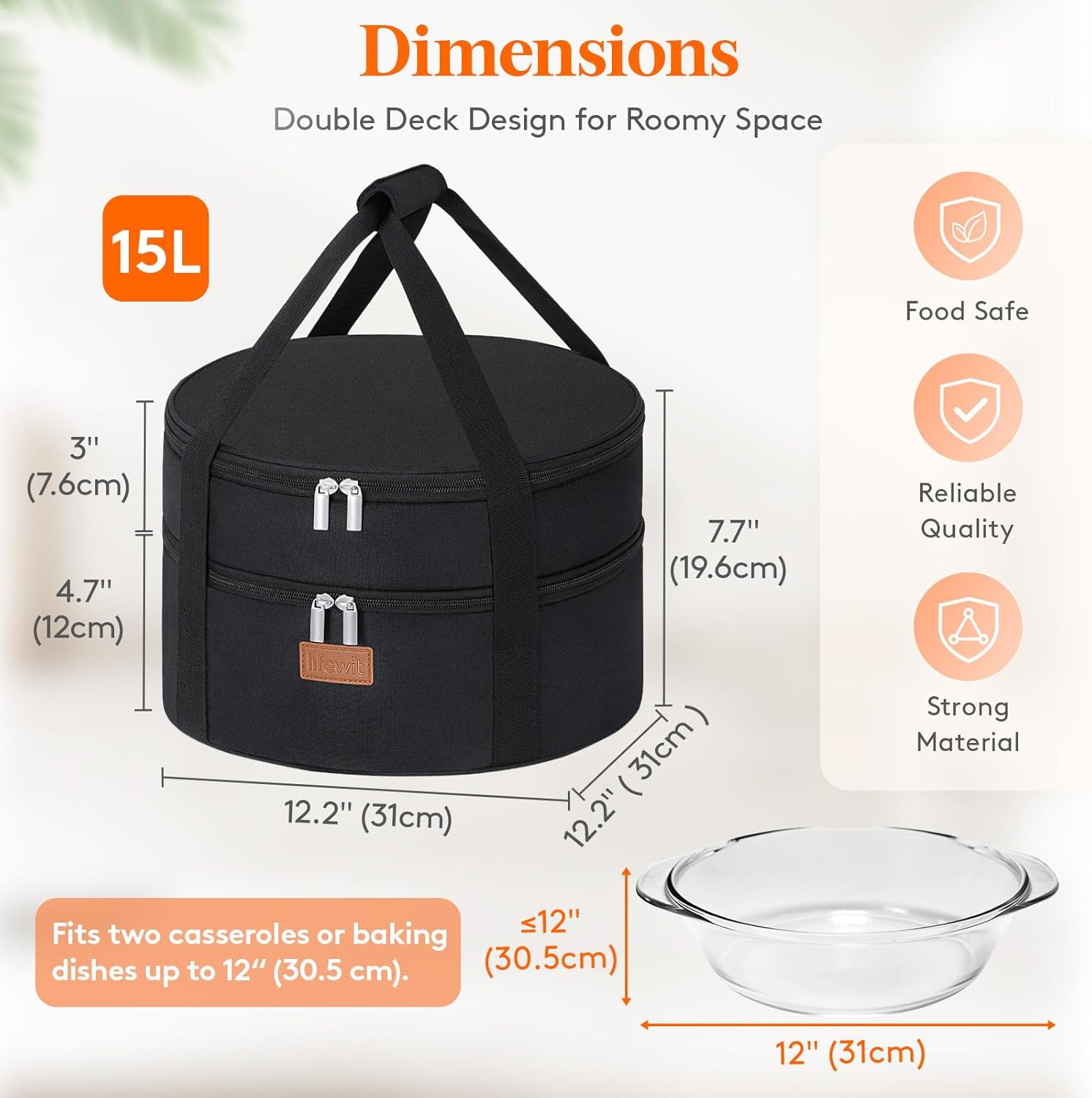 Lifewit Insulated Double Decker Round Casserole Carrier, Portable Pie Carrier Bag for Hot or Cold Food, Fits 12.5" Baking Dish, Thermal Lunch Tote for Potluck Parties, Picnic and Cookouts, Black