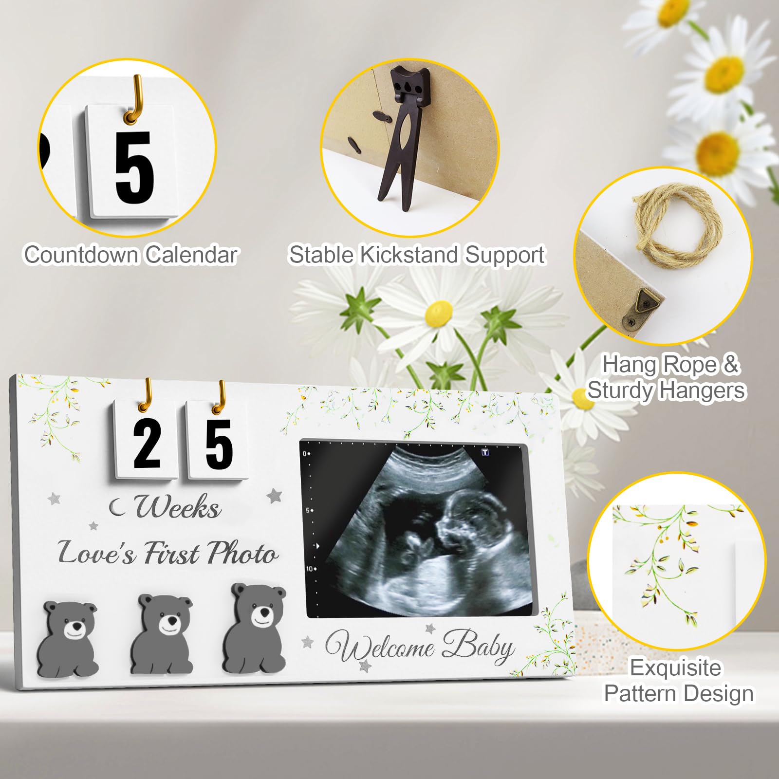 Ultradźwiękowe ramki na zdjęcia z odliczaniem tygodni, ramka na zdjęcia do sonogramu niemowlęcego z nadrukami roślinnymi do standardowego zdjęcia 10 cm x 7,6 cm, pierwsze zdjęcie miłości, ogłoszenie