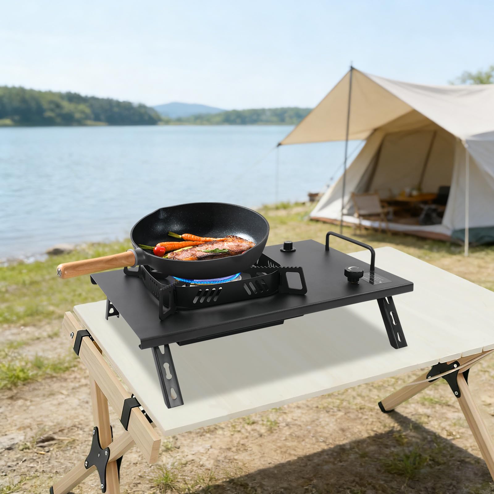 Fornello a gas da campeggio da 2700 W, pieghevole, in acciaio inox 304, con accensione piezoelettrica e paravento, fornello a gas portatile, fornello a gas per bombola di gas, fornello da tavolo per