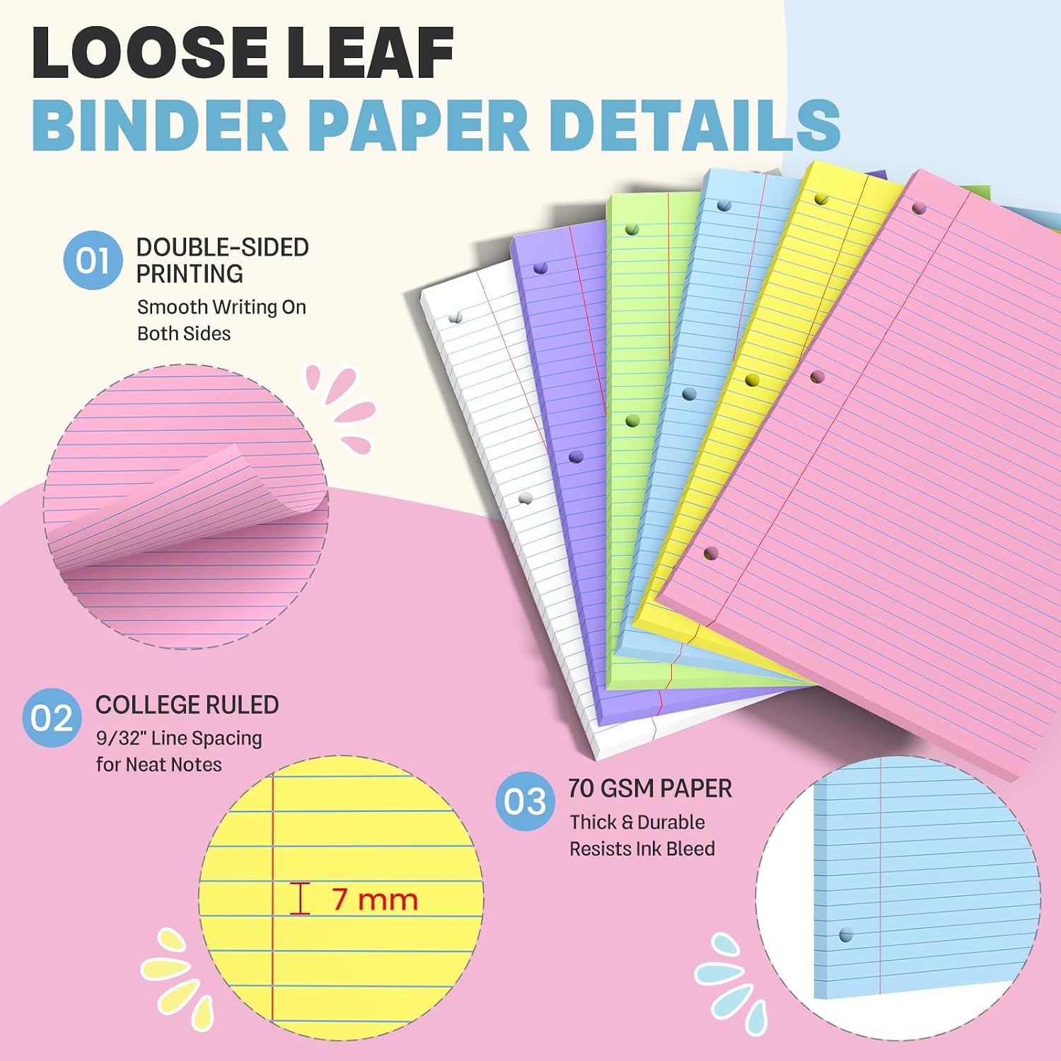 120 Sheets Loose Leaf Paper 8 x 10.5, 6 Colors Lined Paper College Ruled image 4