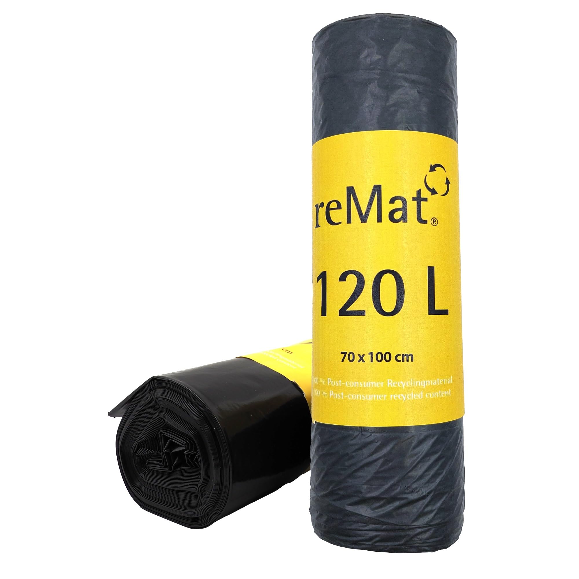 reMat Bolsas de Basura 120l Fabricadas con Material Reciclado 100% (PCR), 20 Bolsas, Resistentes al Desgarro, Inodoras, Ideales para la Recogida Residuos Reciclables o no Reciclables