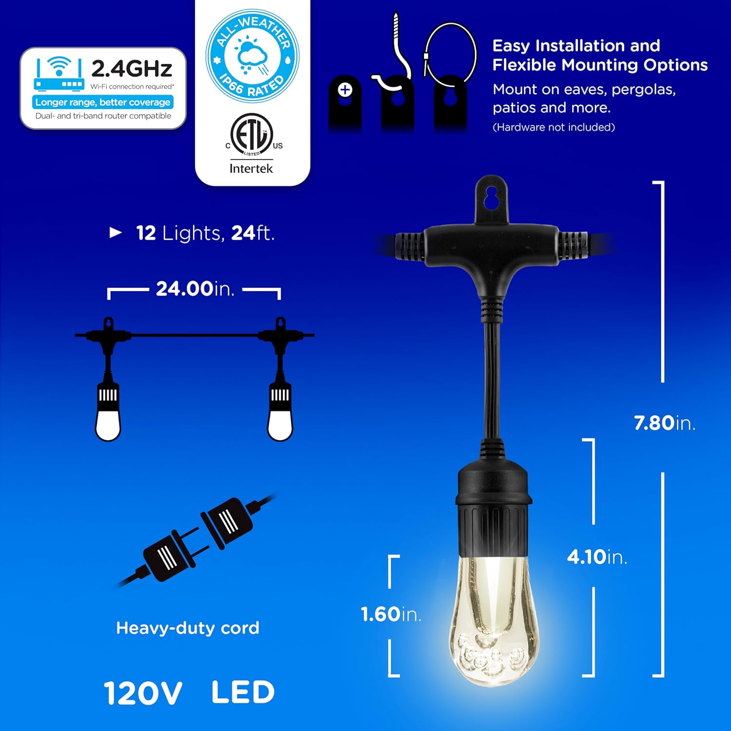 Enbrighten Vibe Vintage Outdoor String Lights Gen 2, 48ft, 24 RGBWIC Acrylic Bulbs, Weatherproof, Perfect for Gameday, Holidays, and More, Smart App Control, Compatible with Alexa, Google Home, 86128