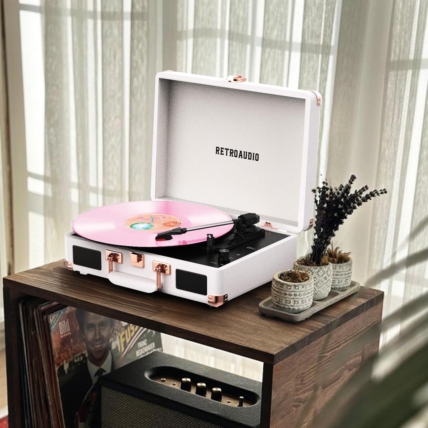 Vinyl Record Player with Built-in Speakers 3-Speed Vintage Record Player Bluetooth Portable Suitcase Turntable Belt-Driven LP Player Support RCA Output and Headphone Output (White Rose Gold)