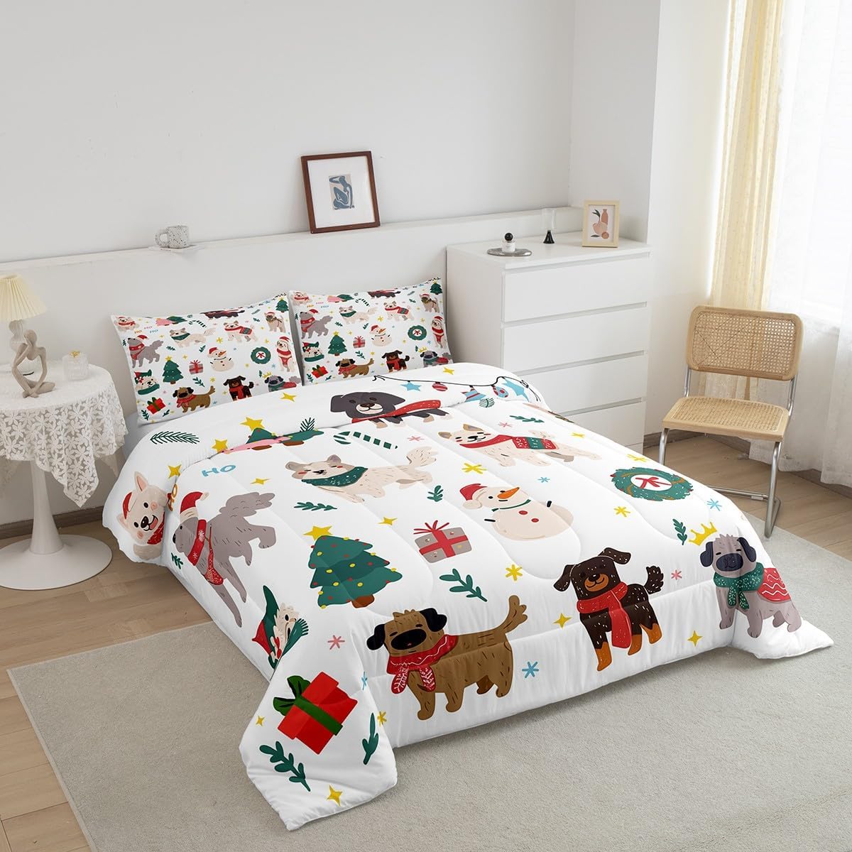 Erosebridal Merry Christmas Quilt Queen Size Cartoon Dog Comforter Set for Teens Kids Boys Xmas Tree Snowman Bedding Set Cute Pug Puppy Animal Duvet Insert with 2 Pillow Cases