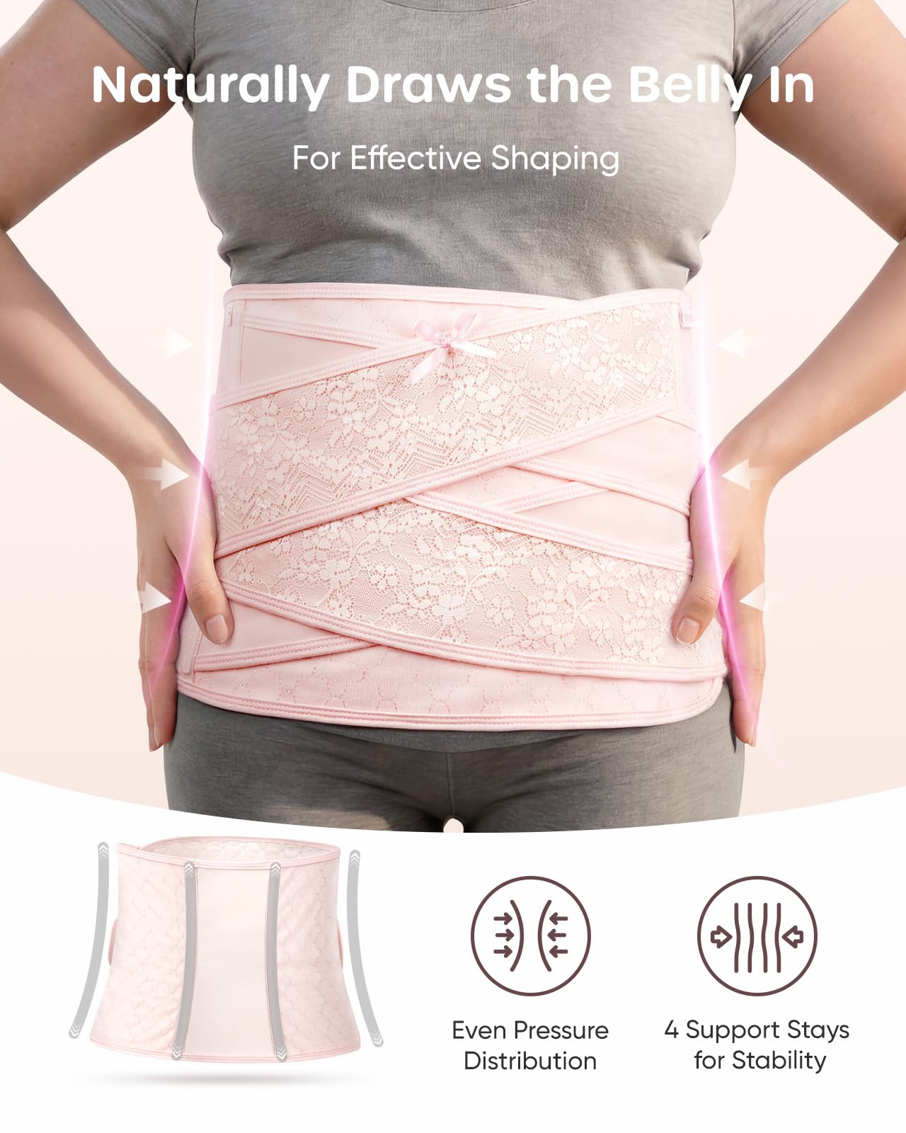 Nuliie Postpartum Bauchwickel mit V-förmiger Kreuzunterstützung, Atmungsaktiver Bauchbinder nach Kaiserschnitt oder vaginaler Geburt, Verstellbarer Bauchbinder, Postpartale Must-Haves Mütter,Pink M