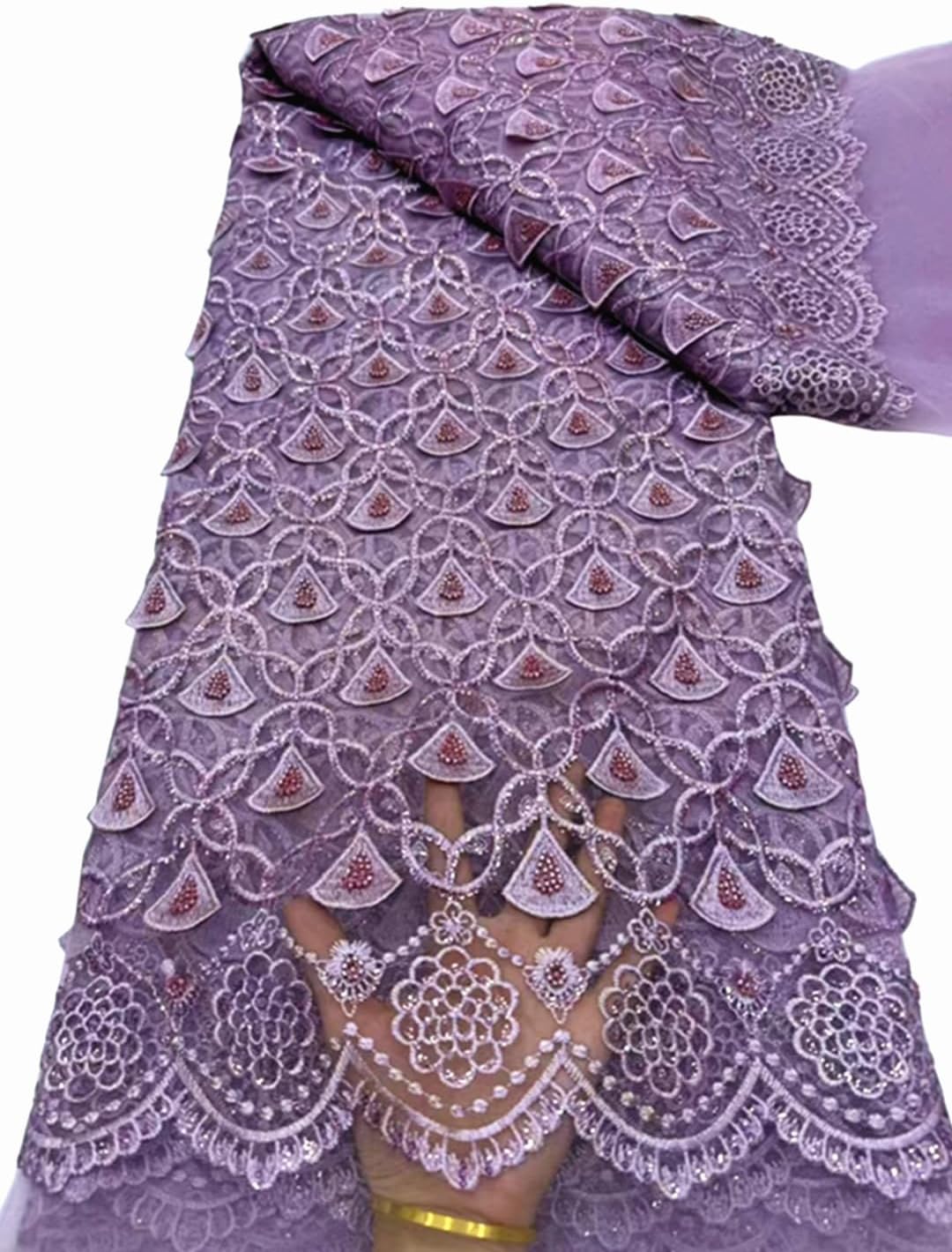 African Beaded Sequins Embroidery Lace, Unique Fabri French Tulle Lace Fabric for Bridal Wedding Sewing, 5 Yards (Purple)