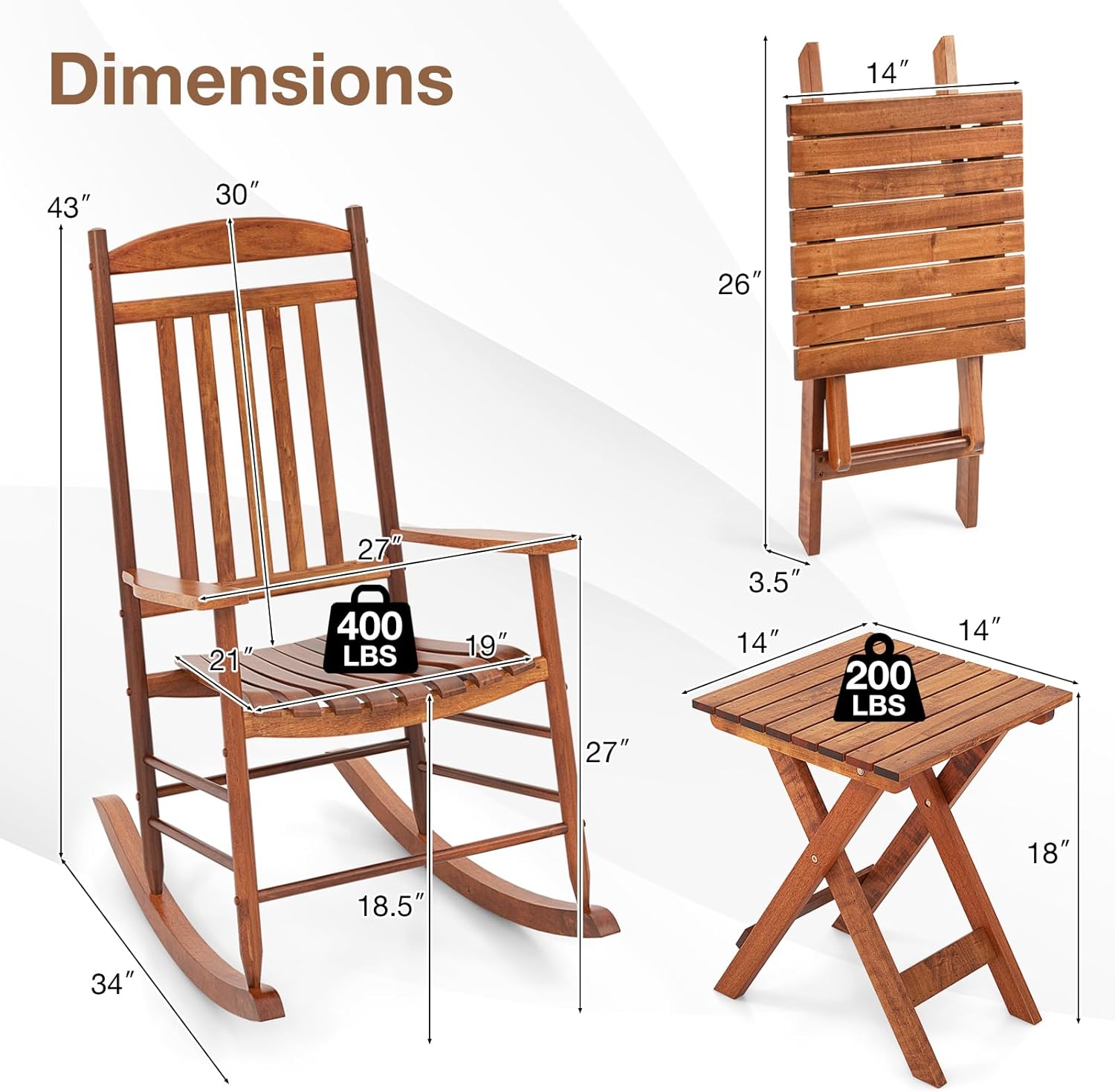 HAPPYGRILL 3 Pieces Poplar Wood Rocking Bistro Set, High Back Rocker Chairs with Folding Coffee Table, Outdoor Patio Conversation Furniture Set for Front Porch, Balcony, Garden & Backyard