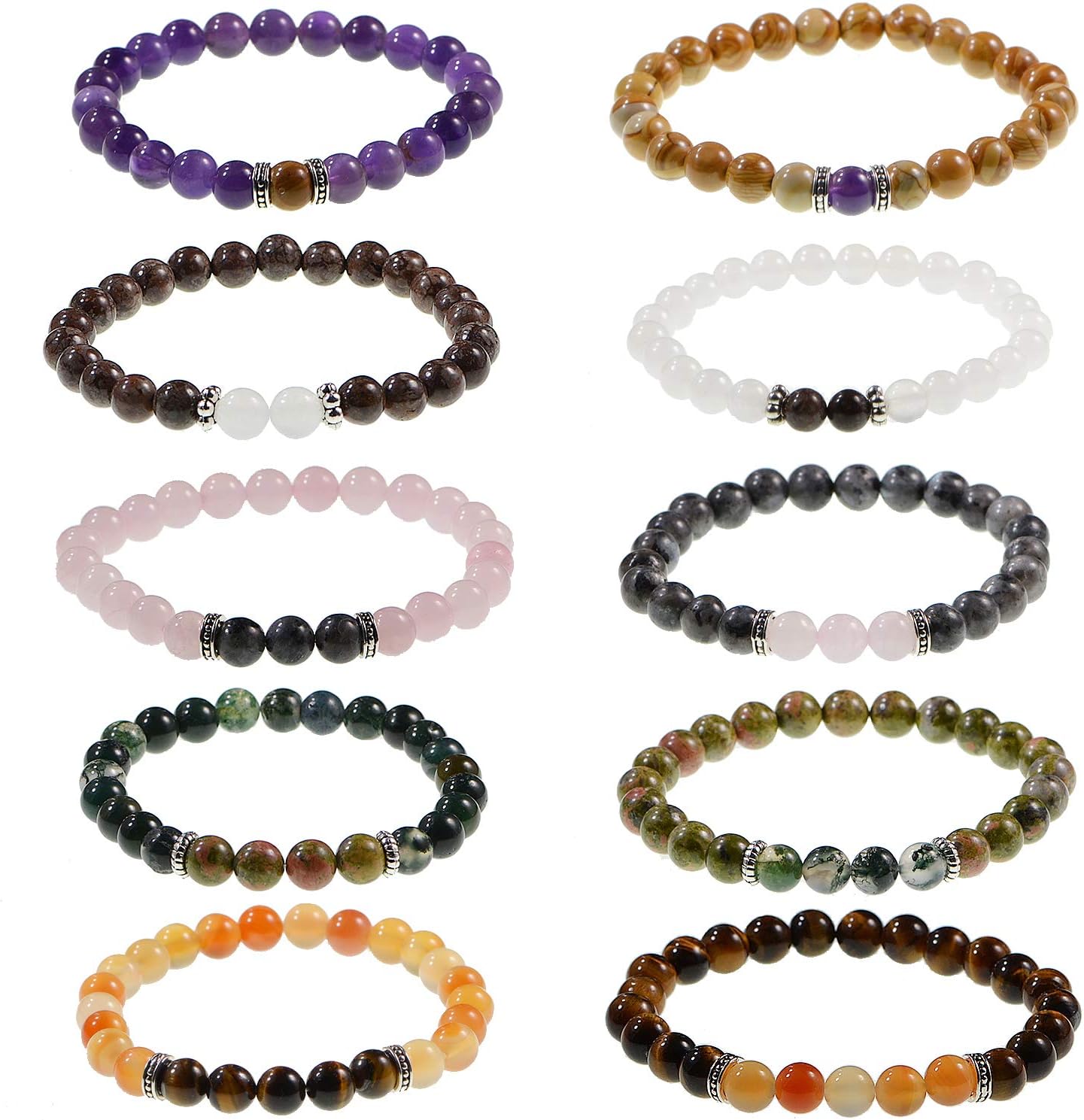 Stone Beads Box Set Kits 250pcs 8mm Round Loose Gemstone Natural Amethyst Rose Quartz Red Agate Larvikite Labradorite Assorted Color with Accessories Tools for Bracelet(100% Natural Stone Beads Kit 2)