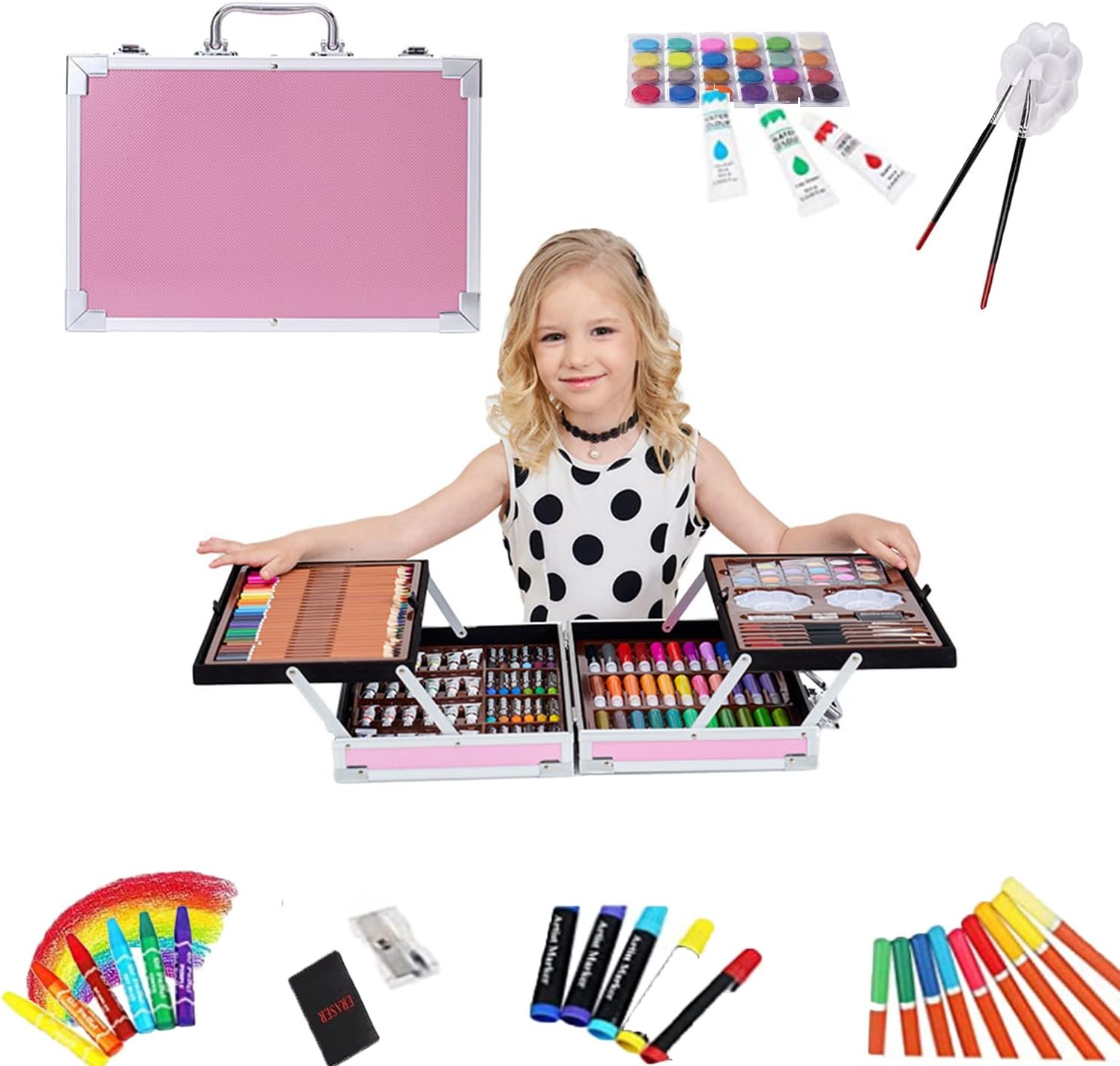 Beauenty Deluxe Art Set 145PC 2 Layers, Kids Art Supplies for Drawing, Painting, Portable Aluminum Case Art Kit for Kids, Teens, Adults Great Gift for Beginner and Serious Artists (Pink)