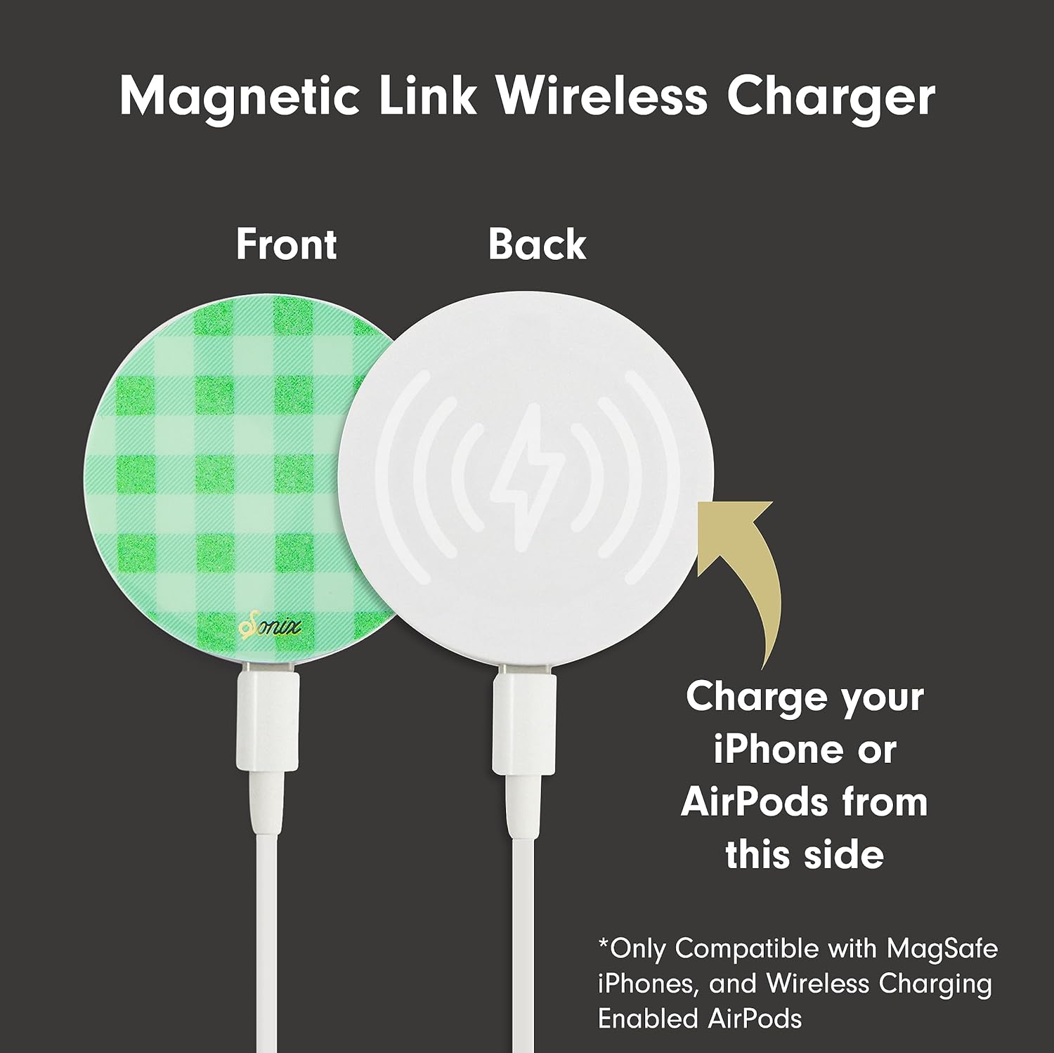 Sonix Magnetic Charger for MagSafe for iPhone 16, iPhone 15, iPhone 14, iPhone 13, iPhone 12 Series | Fast Wireless Charger x 6.5ft Cable (USB-C) | Minty Gingham